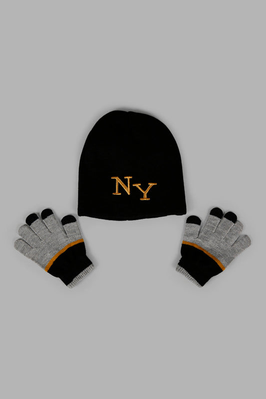 Redtag-Black-Knitted-Cap-Set-Of-2-With-Gloves-BOY-Knitted-Accessories,-Category:Knitted-Accessories,-Colour:Black,-Filter:Boys-Accessories,-New-In,-New-In-BOY-ACC,-Non-Sale,-Section:Boys-(0-to-14Yrs),-W22A-Boys-