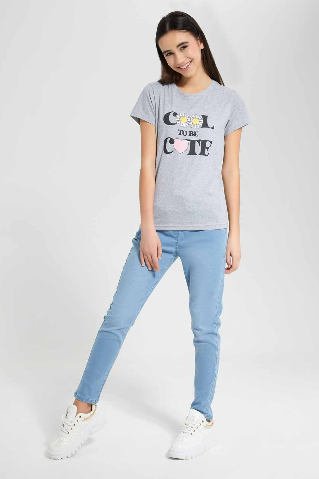 Redtag-Grey-Melange-Basic-T-Shirt-Category:T-Shirts,-Colour:Grey,-Deals:New-In,-Filter:Senior-Girls-(9-to-14-Yrs),-GSR-T-Shirts,-New-In-GSR-APL,-Non-Sale,-Section:Girls-(0-to-14Yrs),-TBL,-W22A-Senior-Girls-9 to 14 Years