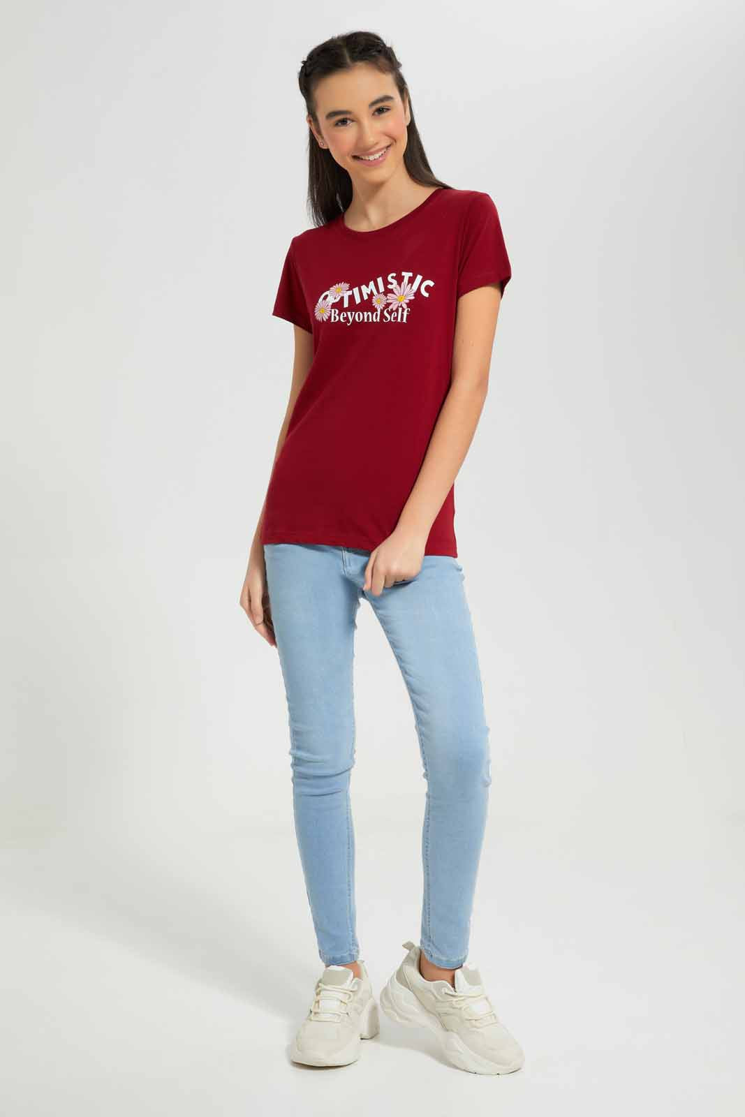 Redtag-Burgundy-Basic-T-Shirt-Category:T-Shirts,-Colour:Burgundy,-Deals:New-In,-Filter:Senior-Girls-(8-to-14-Yrs),-GSR-T-Shirts,-New-In-GSR-APL,-Non-Sale,-Section:Girls-(0-to-14Yrs),-TBL,-W22A-Senior-Girls-9 to 14 Years