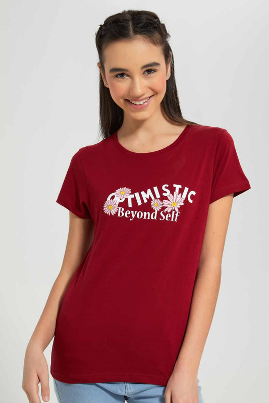 Redtag-Burgundy-Basic-T-Shirt-Category:T-Shirts,-Colour:Burgundy,-Deals:New-In,-Filter:Senior-Girls-(8-to-14-Yrs),-GSR-T-Shirts,-New-In-GSR-APL,-Non-Sale,-Section:Girls-(0-to-14Yrs),-TBL,-W22A-Senior-Girls-9 to 14 Years