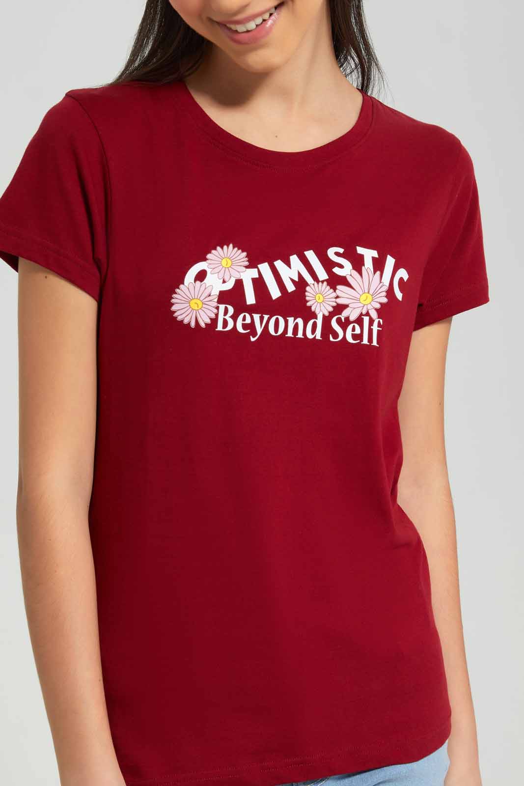 Redtag-Burgundy-Basic-T-Shirt-Category:T-Shirts,-Colour:Burgundy,-Deals:New-In,-Filter:Senior-Girls-(8-to-14-Yrs),-GSR-T-Shirts,-New-In-GSR-APL,-Non-Sale,-Section:Girls-(0-to-14Yrs),-TBL,-W22A-Senior-Girls-9 to 14 Years