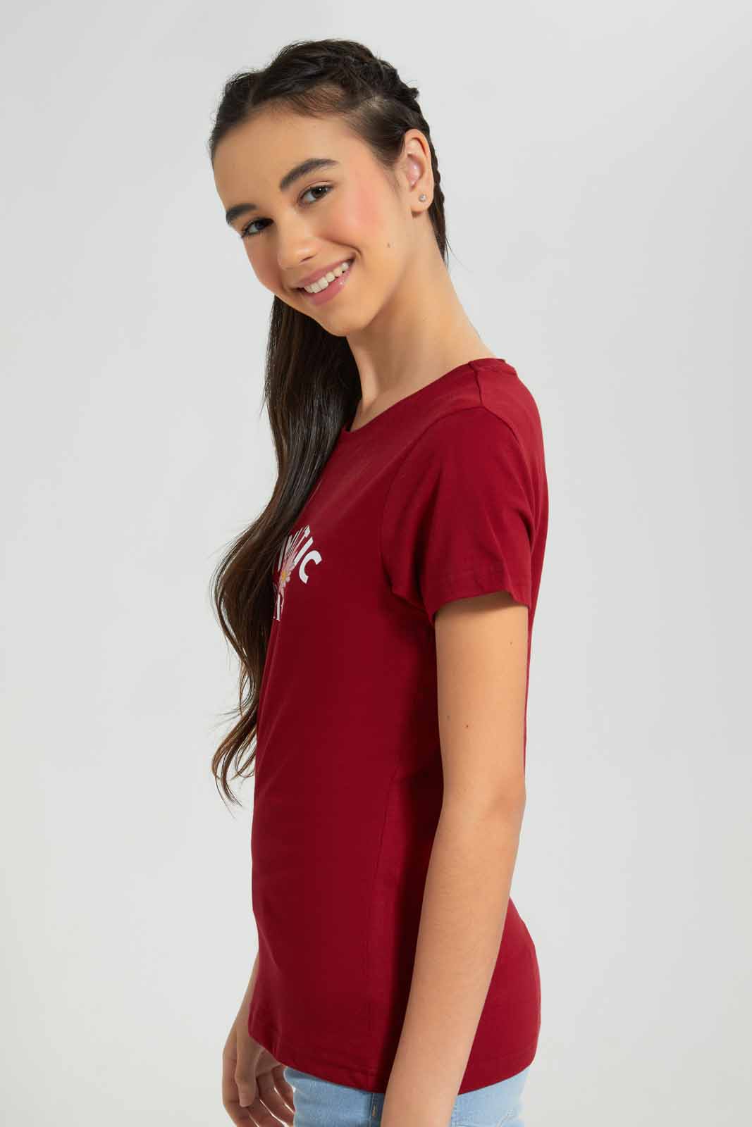 Redtag-Burgundy-Basic-T-Shirt-Category:T-Shirts,-Colour:Burgundy,-Deals:New-In,-Filter:Senior-Girls-(8-to-14-Yrs),-GSR-T-Shirts,-New-In-GSR-APL,-Non-Sale,-Section:Girls-(0-to-14Yrs),-TBL,-W22A-Senior-Girls-9 to 14 Years