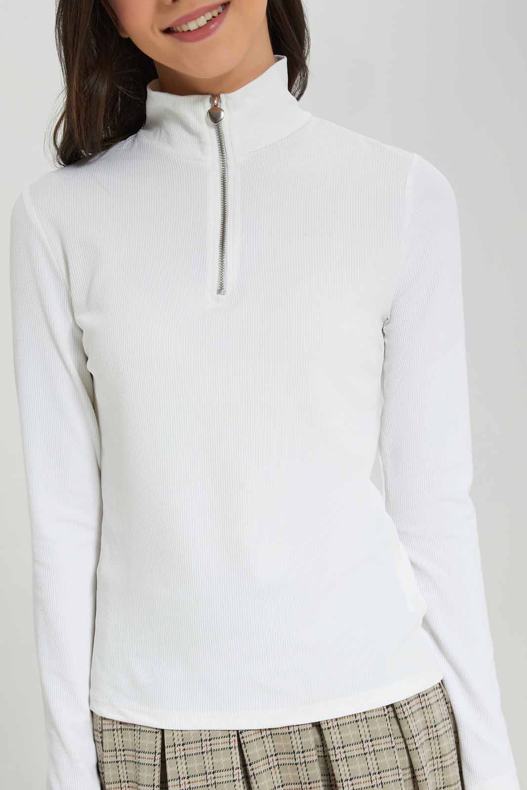 Redtag-White-Rib-T-Shirt-With-Zipper-BTS,-Category:T-Shirts,-Colour:White,-Deals:New-In,-Filter:Senior-Girls-(8-to-14-Yrs),-GSR-T-Shirts,-NDAY,-New-In-GSR-APL,-Non-Sale,-Section:Girls-(0-to-14Yrs),-TBL,-W22A-Senior-Girls-9 to 14 Years