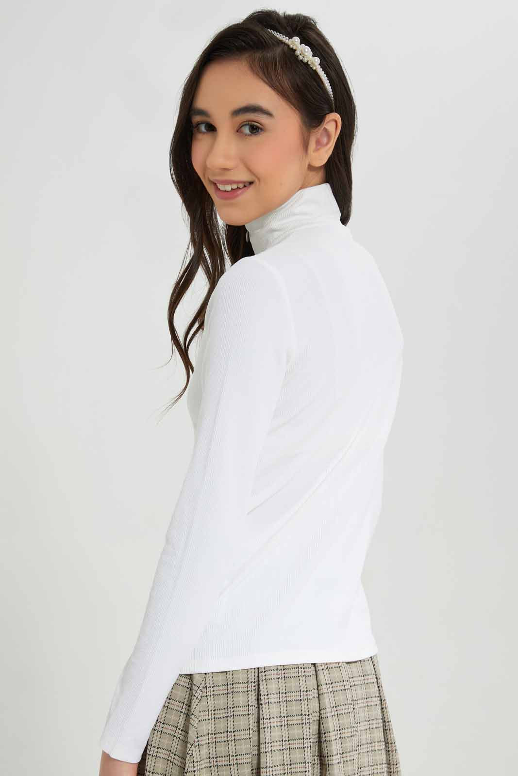Redtag-White-Rib-T-Shirt-With-Zipper-BTS,-Category:T-Shirts,-Colour:White,-Deals:New-In,-Filter:Senior-Girls-(8-to-14-Yrs),-GSR-T-Shirts,-NDAY,-New-In-GSR-APL,-Non-Sale,-Section:Girls-(0-to-14Yrs),-TBL,-W22A-Senior-Girls-9 to 14 Years