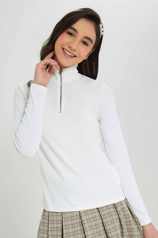Redtag-White-Rib-T-Shirt-With-Zipper-BTS,-Category:T-Shirts,-Colour:White,-Deals:New-In,-Filter:Senior-Girls-(8-to-14-Yrs),-GSR-T-Shirts,-NDAY,-New-In-GSR-APL,-Non-Sale,-Section:Girls-(0-to-14Yrs),-TBL,-W22A-Senior-Girls-9 to 14 Years
