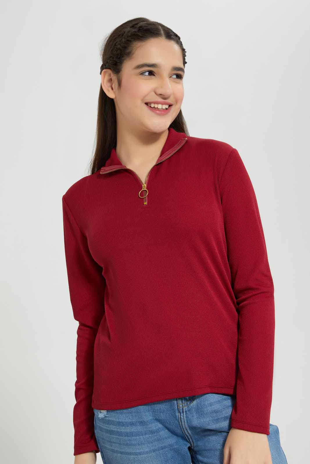 Redtag-Burgundy-Rib-T-Shirt-With-Zipper-Category:T-Shirts,-Colour:Burgundy,-Deals:New-In,-Filter:Senior-Girls-(8-to-14-Yrs),-GSR-T-Shirts,-New-In-GSR-APL,-Non-Sale,-Section:Girls-(0-to-14Yrs),-TBL,-W22A-Senior-Girls-9 to 14 Years