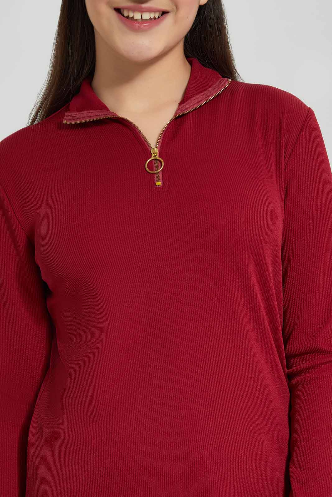 Redtag-Burgundy-Rib-T-Shirt-With-Zipper-Category:T-Shirts,-Colour:Burgundy,-Deals:New-In,-Filter:Senior-Girls-(8-to-14-Yrs),-GSR-T-Shirts,-New-In-GSR-APL,-Non-Sale,-Section:Girls-(0-to-14Yrs),-TBL,-W22A-Senior-Girls-9 to 14 Years