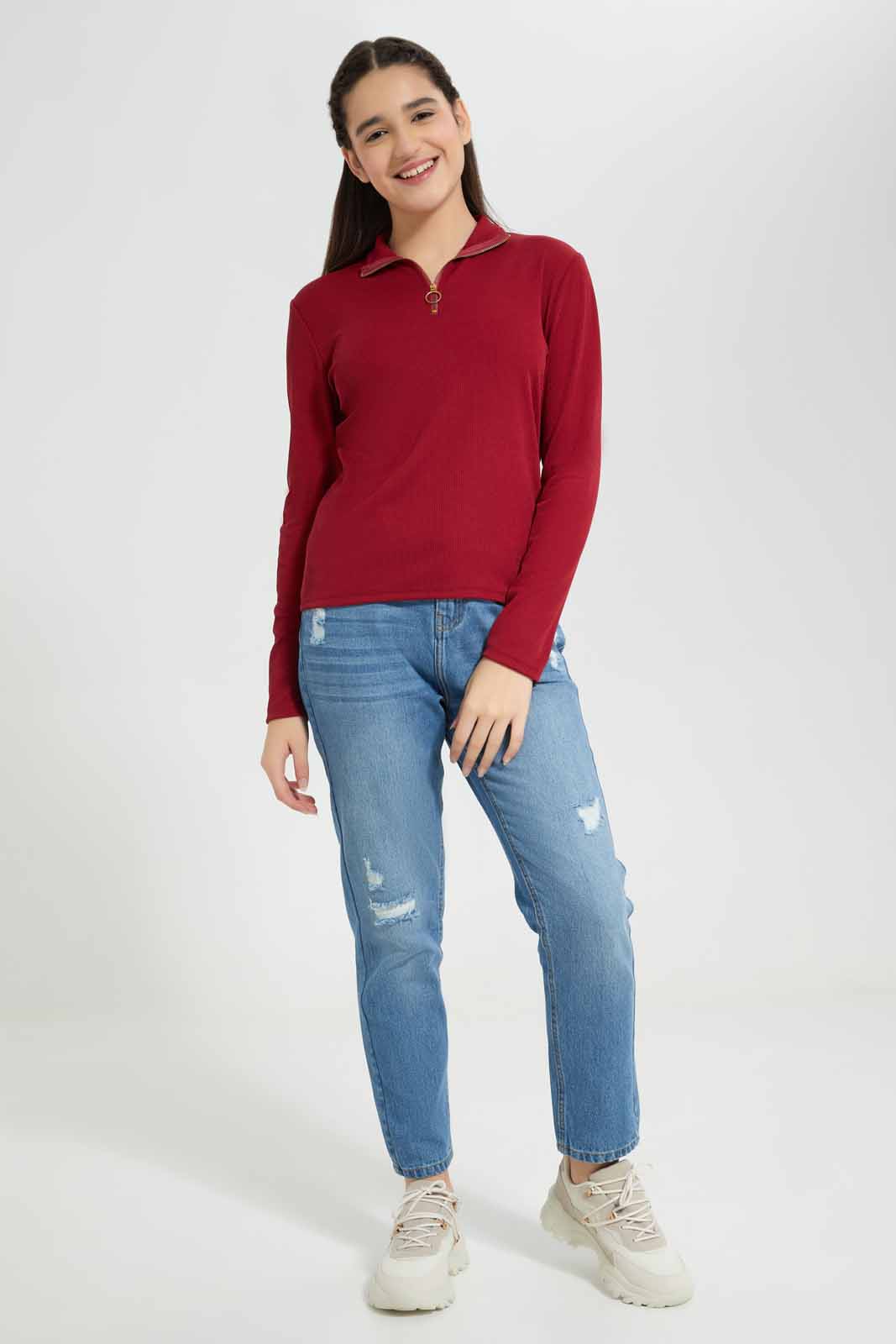 Redtag-Burgundy-Rib-T-Shirt-With-Zipper-Category:T-Shirts,-Colour:Burgundy,-Deals:New-In,-Filter:Senior-Girls-(8-to-14-Yrs),-GSR-T-Shirts,-New-In-GSR-APL,-Non-Sale,-Section:Girls-(0-to-14Yrs),-TBL,-W22A-Senior-Girls-9 to 14 Years