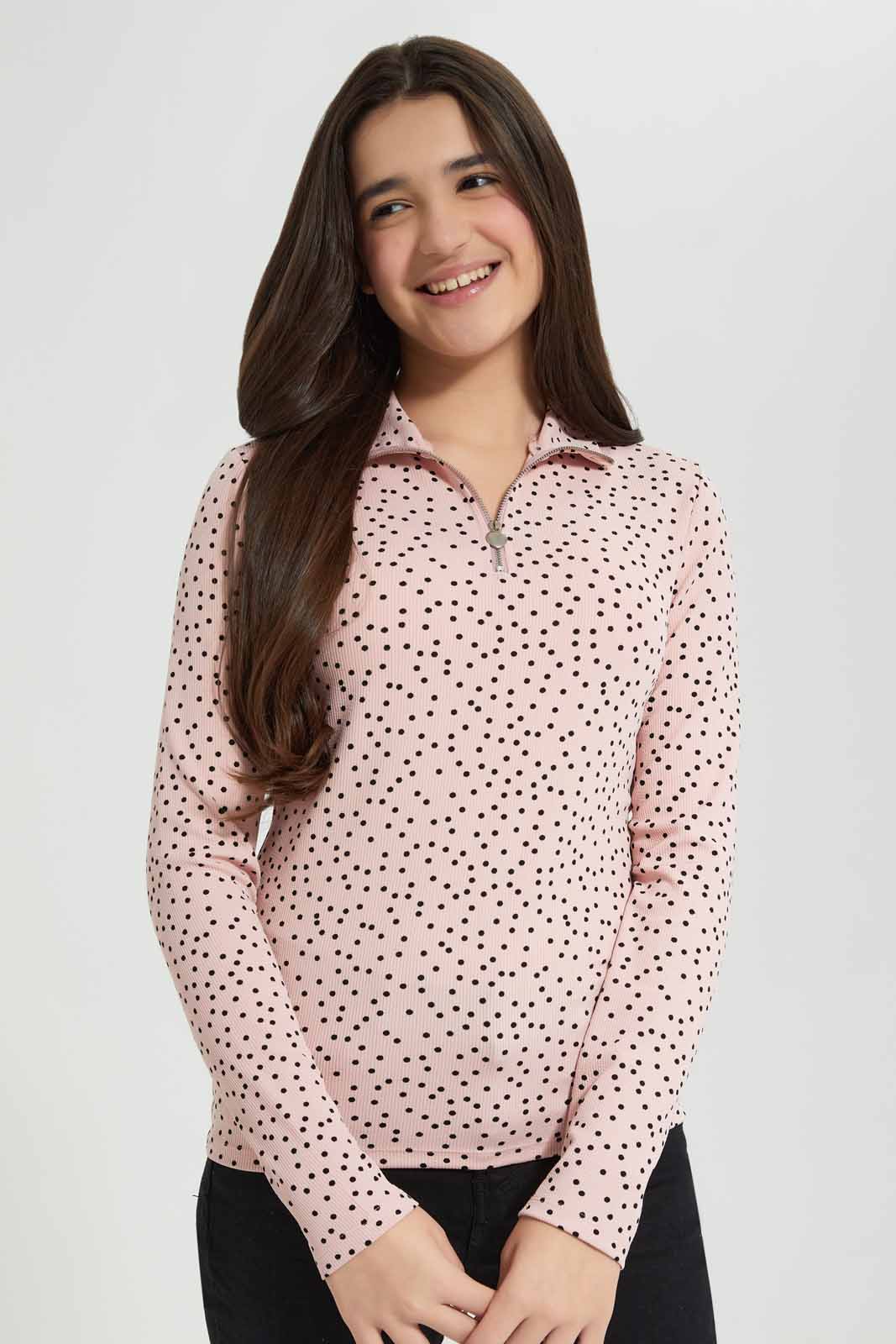 Redtag-Black-Flroral-Rib-T-Shirt-With-Zipper-Category:T-Shirts,-Colour:Assorted,-Deals:New-In,-Filter:Senior-Girls-(8-to-14-Yrs),-GSR-T-Shirts,-New-In-GSR-APL,-Non-Sale,-Section:Girls-(0-to-14Yrs),-TBL,-W22A-Senior-Girls-9 to 14 Years