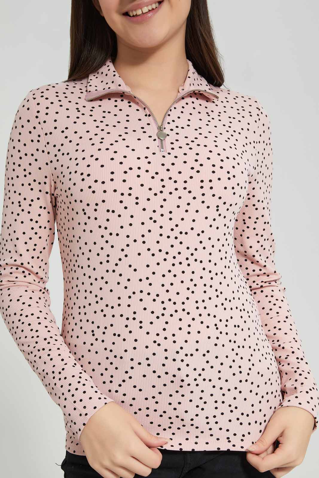 Redtag-Black-Flroral-Rib-T-Shirt-With-Zipper-Category:T-Shirts,-Colour:Assorted,-Deals:New-In,-Filter:Senior-Girls-(8-to-14-Yrs),-GSR-T-Shirts,-New-In-GSR-APL,-Non-Sale,-Section:Girls-(0-to-14Yrs),-TBL,-W22A-Senior-Girls-9 to 14 Years
