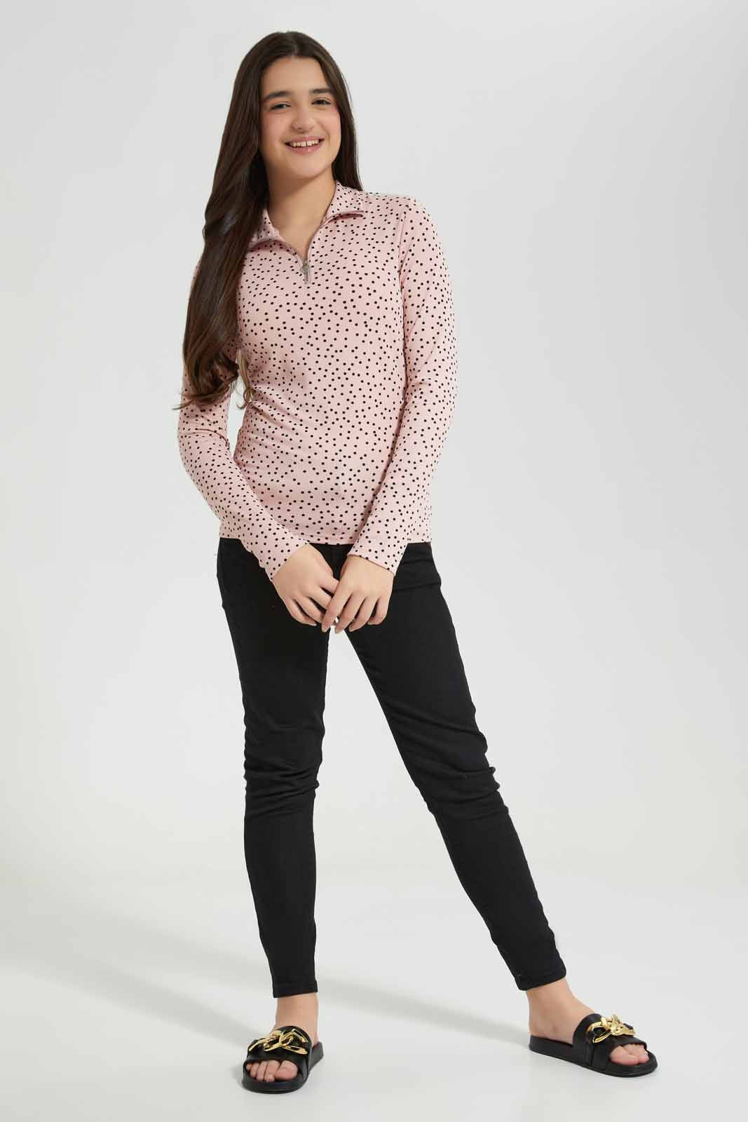 Redtag-Black-Flroral-Rib-T-Shirt-With-Zipper-Category:T-Shirts,-Colour:Assorted,-Deals:New-In,-Filter:Senior-Girls-(8-to-14-Yrs),-GSR-T-Shirts,-New-In-GSR-APL,-Non-Sale,-Section:Girls-(0-to-14Yrs),-TBL,-W22A-Senior-Girls-9 to 14 Years