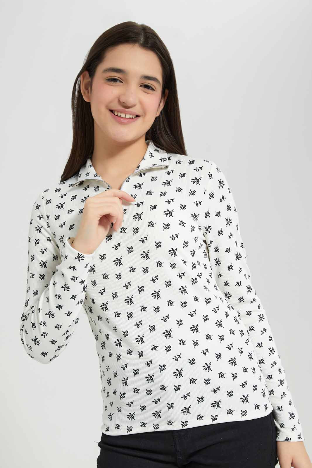 Redtag-White-Floral-Rib-T-Shirt-With-Zipper-Category:T-Shirts,-Colour:Assorted,-Deals:New-In,-Filter:Senior-Girls-(8-to-14-Yrs),-GSR-T-Shirts,-New-In-GSR-APL,-Non-Sale,-Section:Girls-(0-to-14Yrs),-TBL,-W22A-Senior-Girls-9 to 14 Years