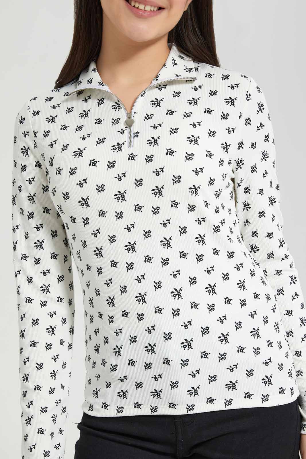 Redtag-White-Floral-Rib-T-Shirt-With-Zipper-Category:T-Shirts,-Colour:Assorted,-Deals:New-In,-Filter:Senior-Girls-(8-to-14-Yrs),-GSR-T-Shirts,-New-In-GSR-APL,-Non-Sale,-Section:Girls-(0-to-14Yrs),-TBL,-W22A-Senior-Girls-9 to 14 Years