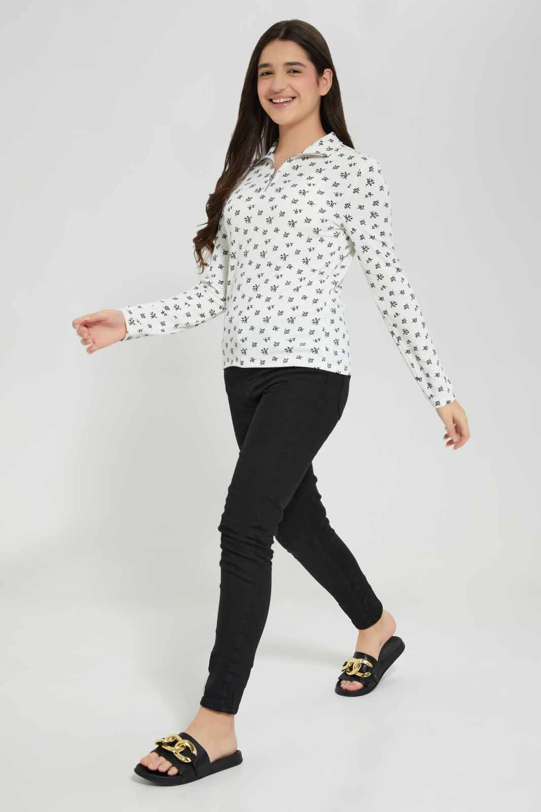 Redtag-White-Floral-Rib-T-Shirt-With-Zipper-Category:T-Shirts,-Colour:Assorted,-Deals:New-In,-Filter:Senior-Girls-(8-to-14-Yrs),-GSR-T-Shirts,-New-In-GSR-APL,-Non-Sale,-Section:Girls-(0-to-14Yrs),-TBL,-W22A-Senior-Girls-9 to 14 Years