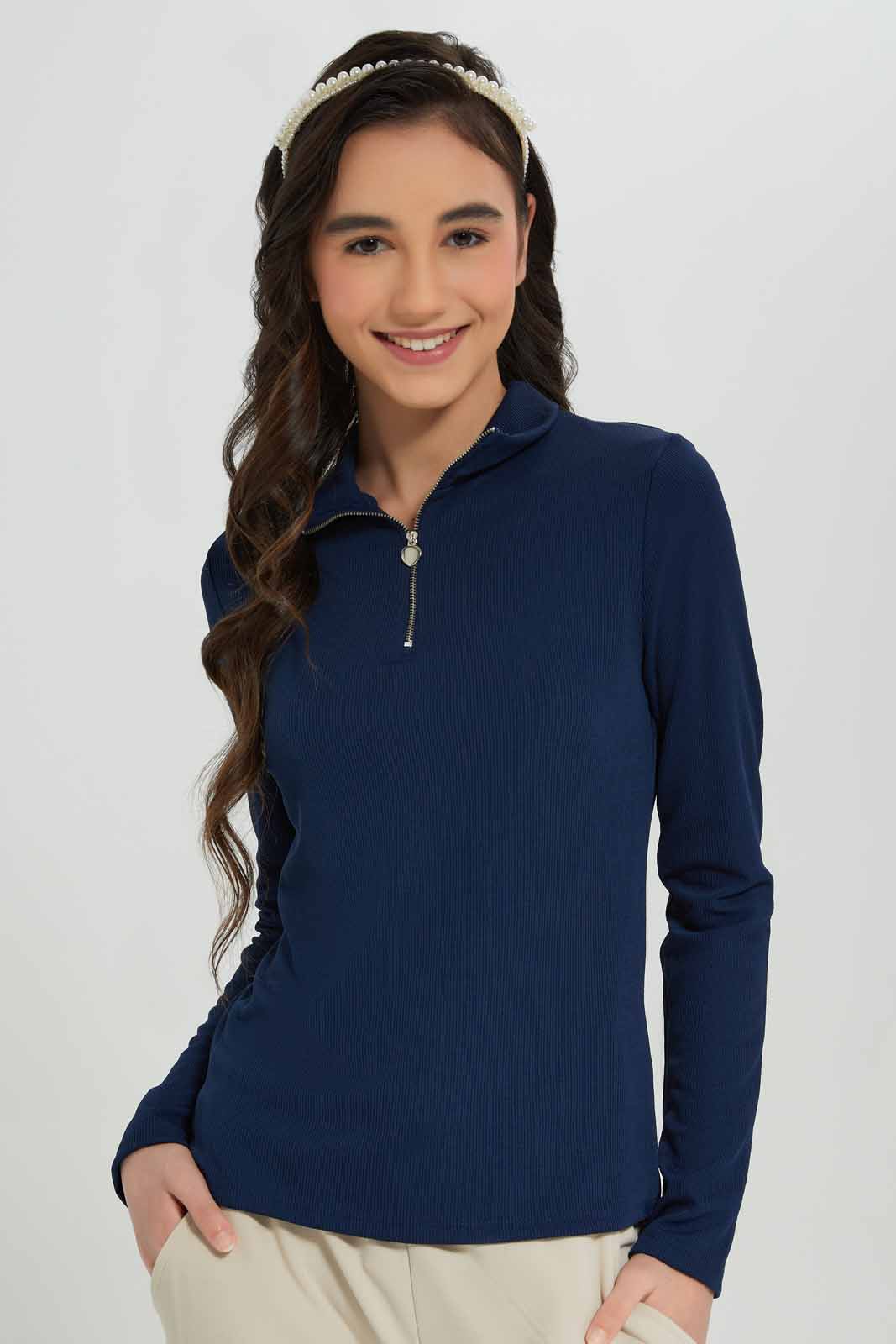 Redtag-Navy-Rib-T-Shirt-With-Zipper-Category:T-Shirts,-Colour:Navy,-Deals:New-In,-Filter:Senior-Girls-(8-to-14-Yrs),-GSR-T-Shirts,-New-In-GSR-APL,-Non-Sale,-Section:Girls-(0-to-14Yrs),-TBL,-W22A-Senior-Girls-9 to 14 Years