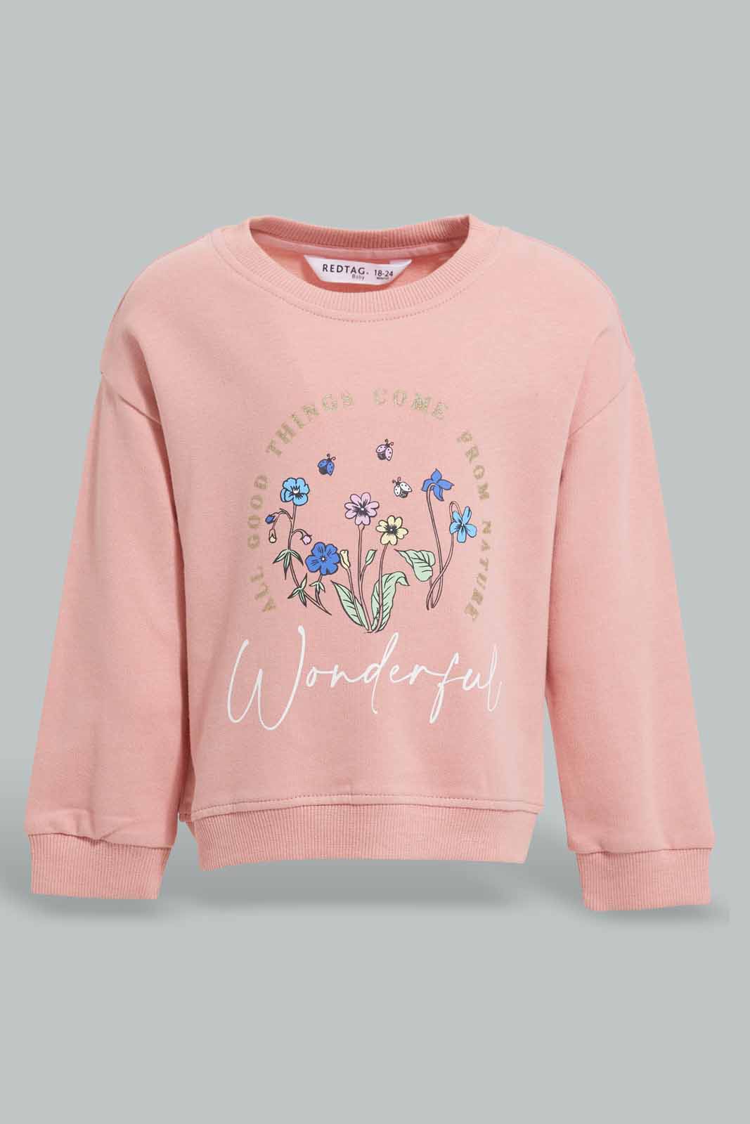 Redtag-Dusty-Pink-Wonderful-Print-Sweatshirt-Category:Sweatshirts,-Colour:Apricot,-Deals:New-In,-Filter:Infant-Girls-(3-to-24-Mths),-ING-Sweatshirts,-New-In-ING-APL,-Non-Sale,-Section:Girls-(0-to-14Yrs),-TBL,-W22A-Infant-Girls-3 to 24 Months