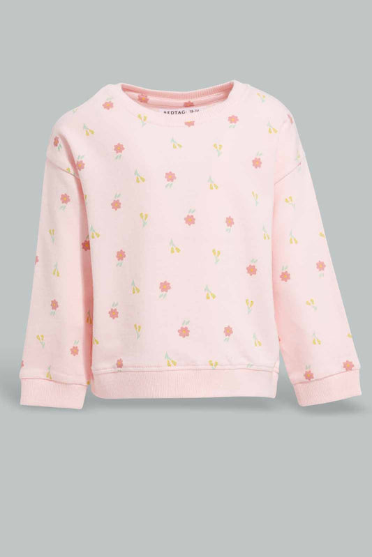 Redtag-Pink-Floral-AOP-Sweatshirt-Category:Sweatshirts,-Colour:Apricot,-Deals:New-In,-Filter:Infant-Girls-(3-to-24-Mths),-ING-Sweatshirts,-New-In-ING-APL,-Non-Sale,-Section:Girls-(0-to-14Yrs),-TBL,-W22A-Infant-Girls-3 to 24 Months