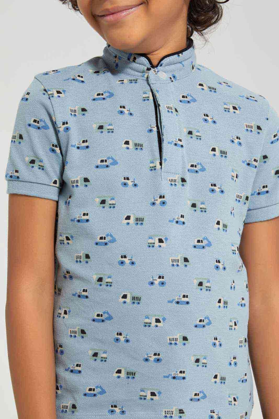 Redtag-Aqua-AOP-Stand-Up-Collar-Polo-T-Shirt-BOY-Polo-T-Shirts,-Category:Polo-T-Shirts,-Colour:Blue,-Deals:New-In,-Filter:Boys-(2-to-8-Yrs),-New-In-BOY-APL,-Non-Sale,-Section:Boys-(0-to-14Yrs),-TBL,-W22A-Boys-2 to 8 Years