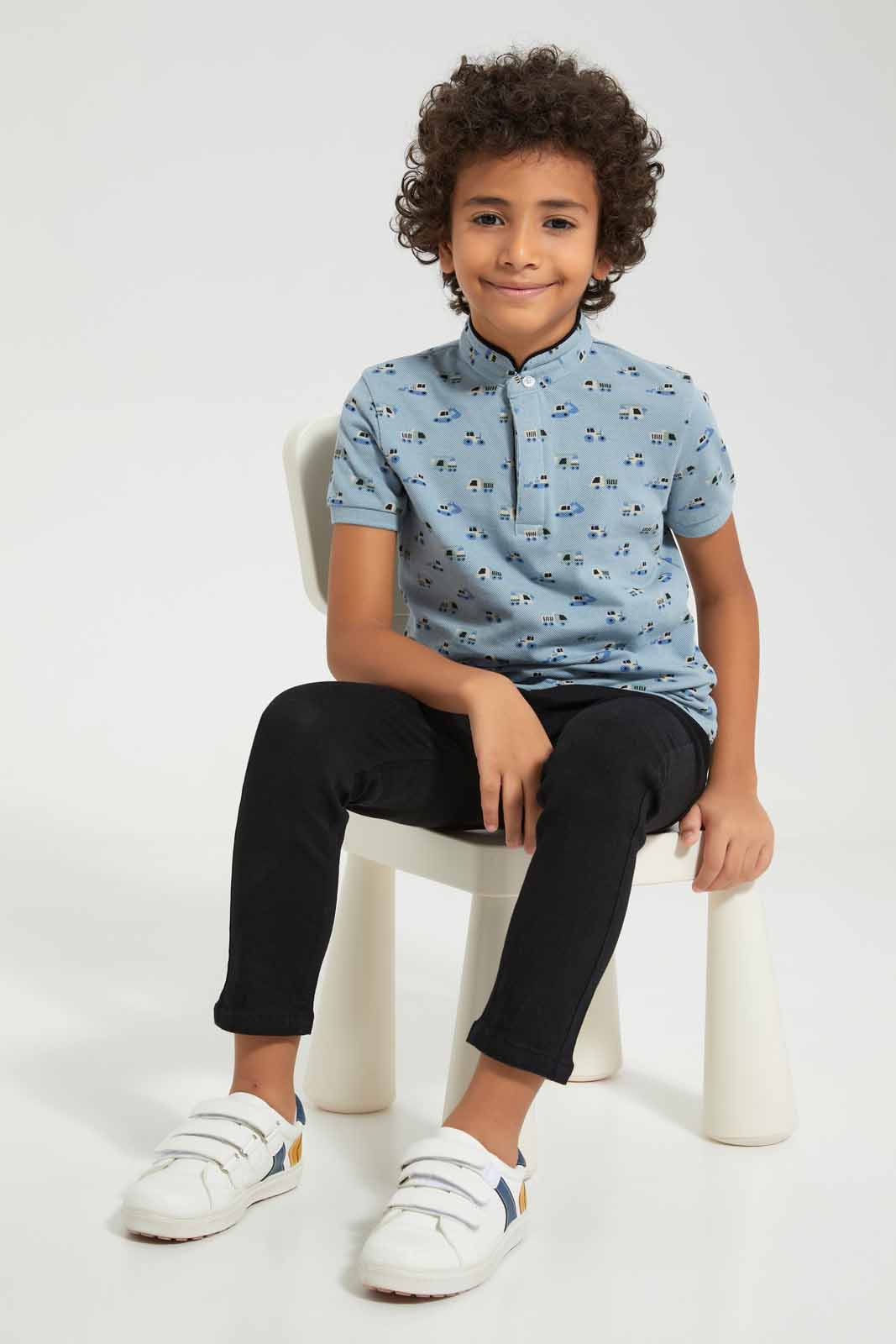 Redtag-Aqua-AOP-Stand-Up-Collar-Polo-T-Shirt-BOY-Polo-T-Shirts,-Category:Polo-T-Shirts,-Colour:Blue,-Deals:New-In,-Filter:Boys-(2-to-8-Yrs),-New-In-BOY-APL,-Non-Sale,-Section:Boys-(0-to-14Yrs),-TBL,-W22A-Boys-2 to 8 Years