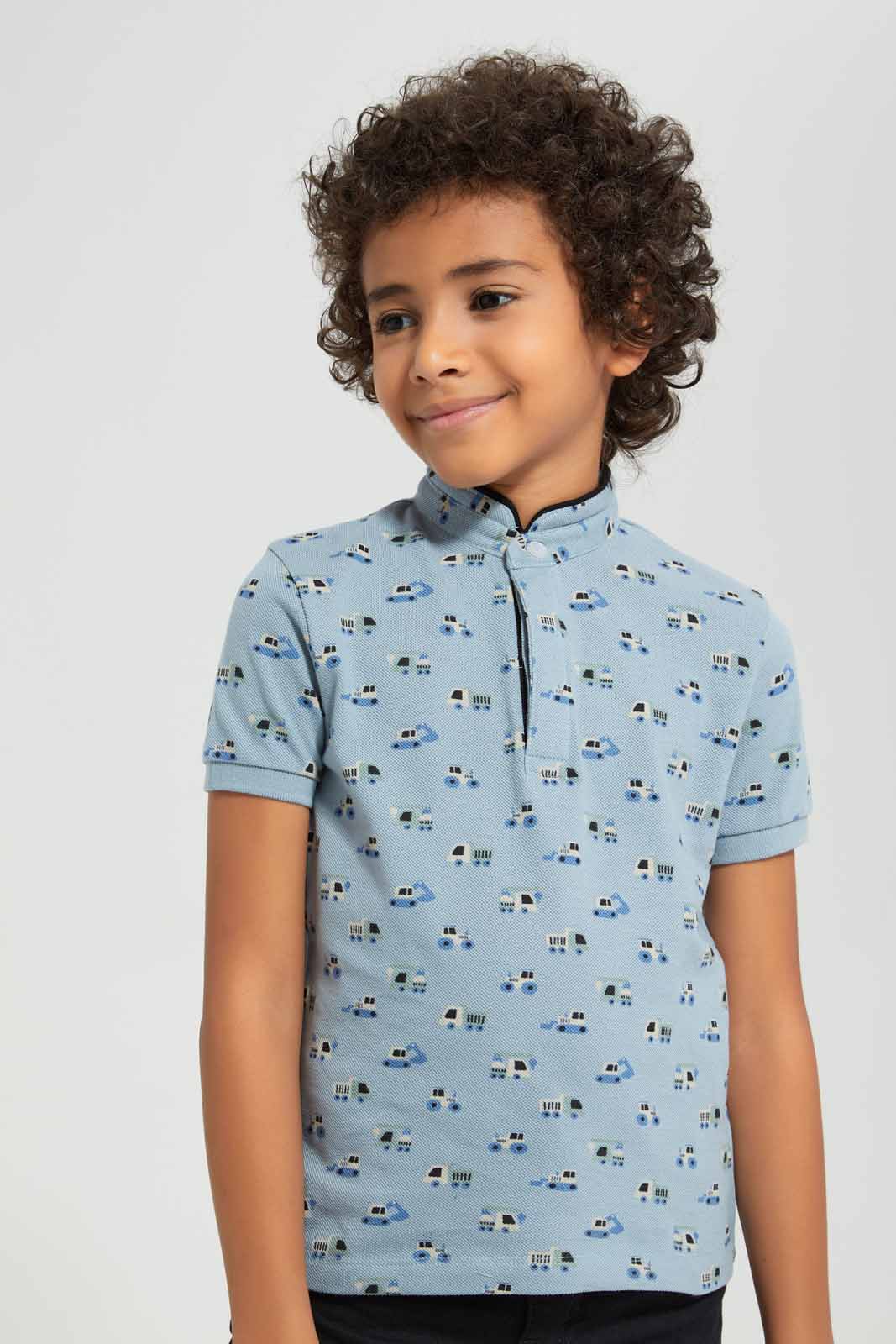 Redtag-Aqua-AOP-Stand-Up-Collar-Polo-T-Shirt-BOY-Polo-T-Shirts,-Category:Polo-T-Shirts,-Colour:Blue,-Deals:New-In,-Filter:Boys-(2-to-8-Yrs),-New-In-BOY-APL,-Non-Sale,-Section:Boys-(0-to-14Yrs),-TBL,-W22A-Boys-2 to 8 Years