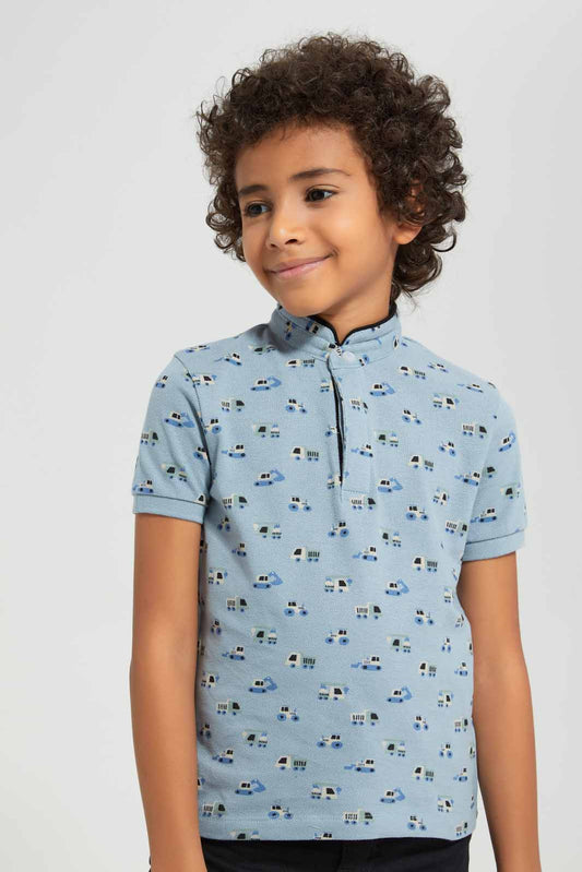 Redtag-Aqua-AOP-Stand-Up-Collar-Polo-T-Shirt-BOY-Polo-T-Shirts,-Category:Polo-T-Shirts,-Colour:Blue,-Deals:New-In,-Filter:Boys-(2-to-8-Yrs),-New-In-BOY-APL,-Non-Sale,-Section:Boys-(0-to-14Yrs),-TBL,-W22A-Boys-2 to 8 Years
