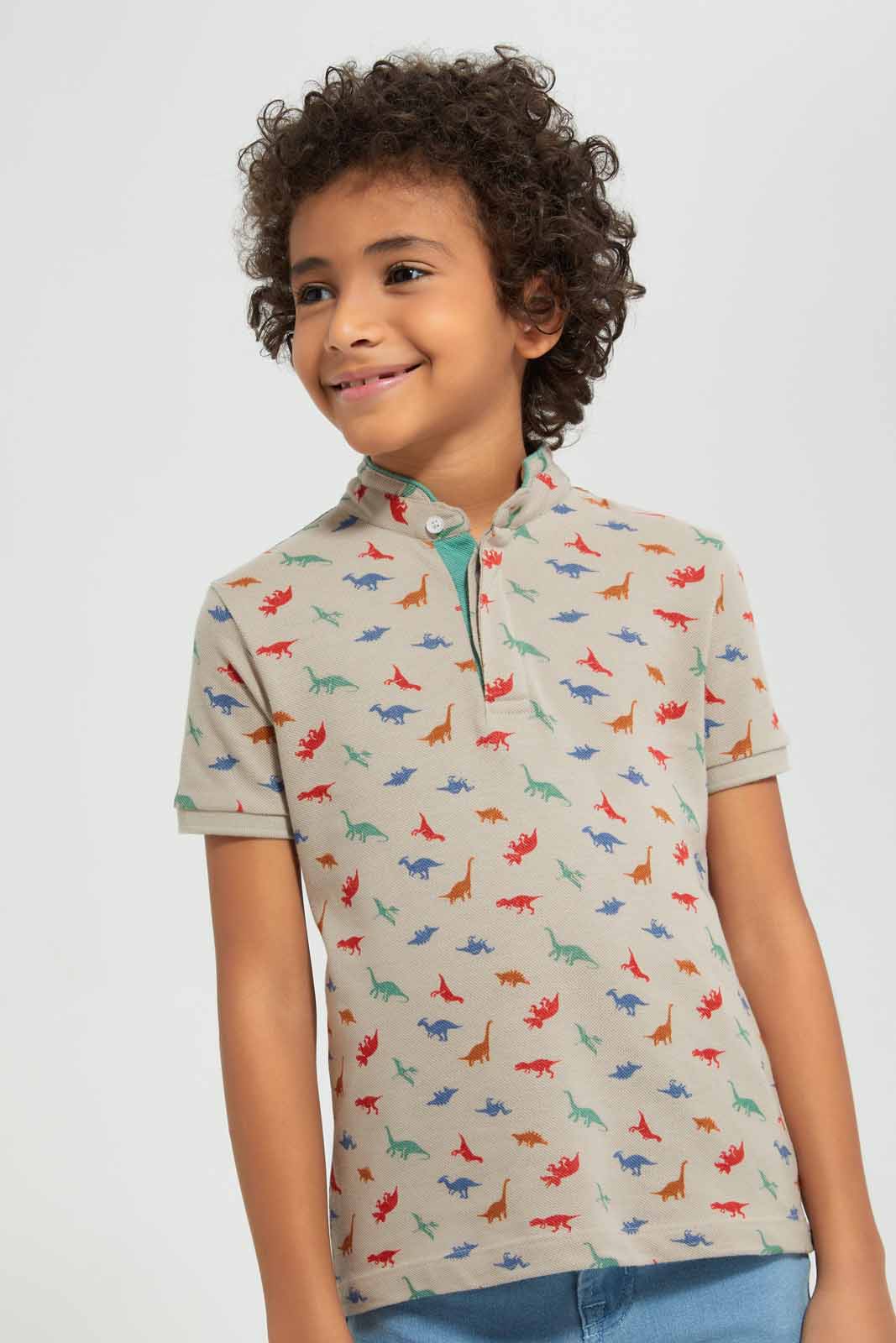 Redtag-Stone-AOP-Stand-Up-Collar-Polo-T-Shirt-BOY-Polo-T-Shirts,-Category:Polo-T-Shirts,-Colour:Grey,-Deals:New-In,-Filter:Boys-(2-to-8-Yrs),-New-In-BOY-APL,-Non-Sale,-Section:Boys-(0-to-14Yrs),-TBL,-W22A-Boys-2 to 8 Years