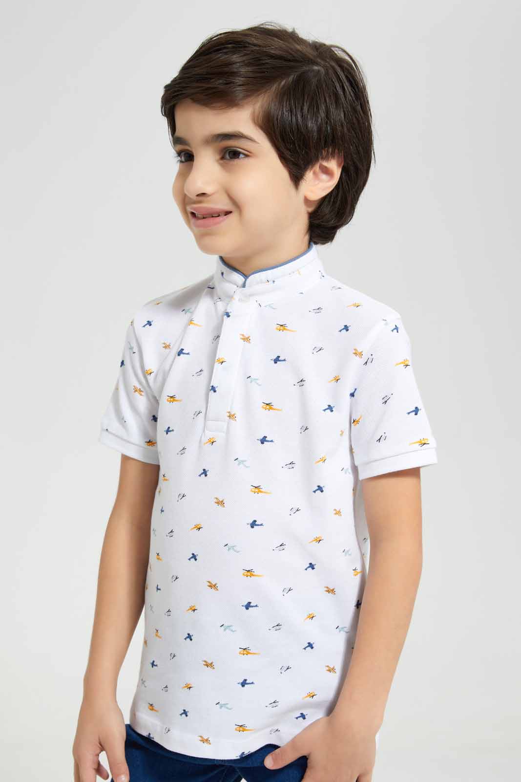 Redtag-White-AOP-Stand-Up-Collar-Polo-T-Shirt-BOY-Polo-T-Shirts,-Category:Polo-T-Shirts,-Colour:White,-Deals:New-In,-Filter:Boys-(2-to-8-Yrs),-New-In-BOY-APL,-Non-Sale,-Section:Boys-(0-to-14Yrs),-TBL,-W22A-Boys-2 to 8 Years
