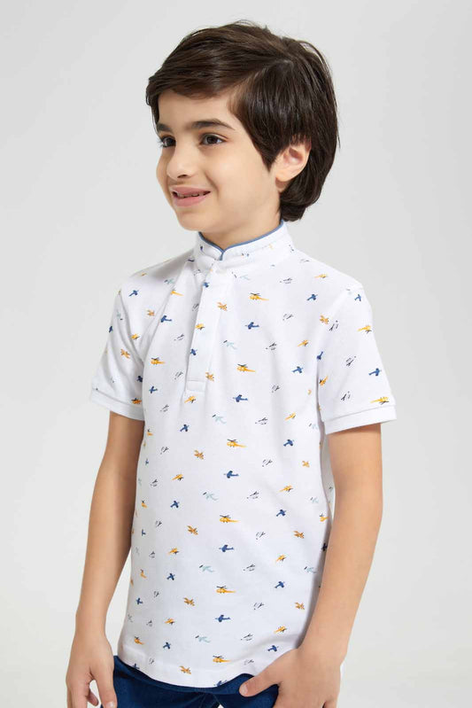 Redtag-White-AOP-Stand-Up-Collar-Polo-T-Shirt-BOY-Polo-T-Shirts,-Category:Polo-T-Shirts,-Colour:White,-Deals:New-In,-Filter:Boys-(2-to-8-Yrs),-New-In-BOY-APL,-Non-Sale,-Section:Boys-(0-to-14Yrs),-TBL,-W22A-Boys-2 to 8 Years
