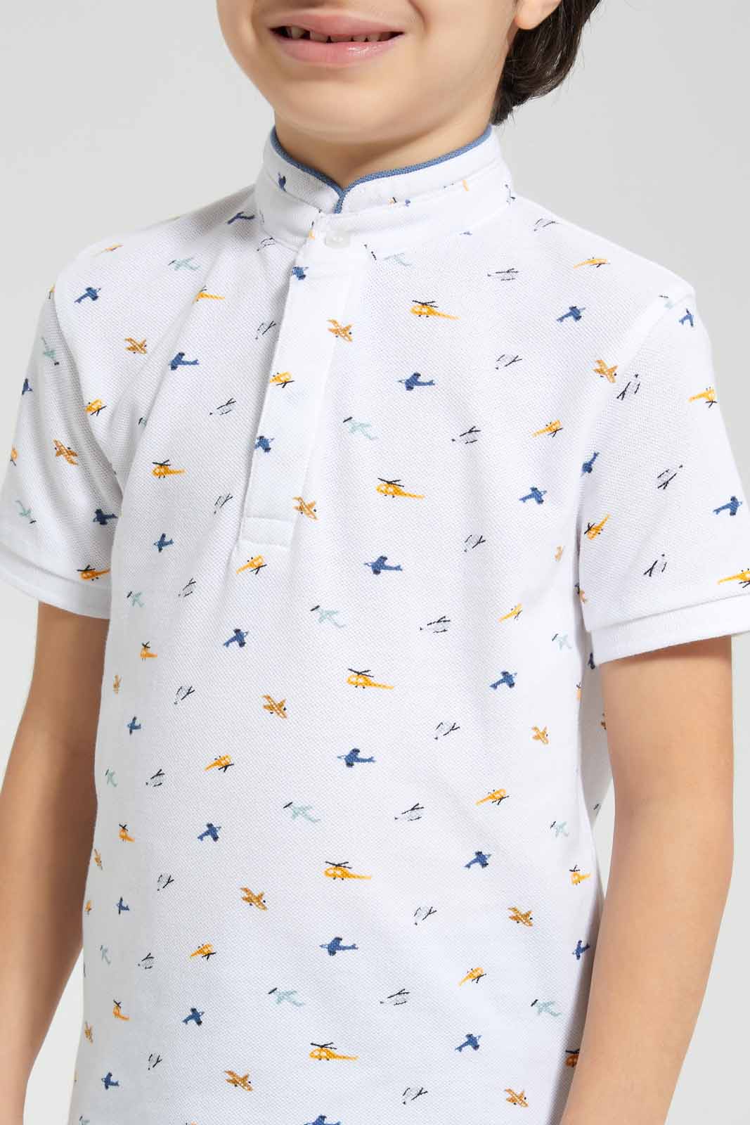Redtag-White-AOP-Stand-Up-Collar-Polo-T-Shirt-BOY-Polo-T-Shirts,-Category:Polo-T-Shirts,-Colour:White,-Deals:New-In,-Filter:Boys-(2-to-8-Yrs),-New-In-BOY-APL,-Non-Sale,-Section:Boys-(0-to-14Yrs),-TBL,-W22A-Boys-2 to 8 Years