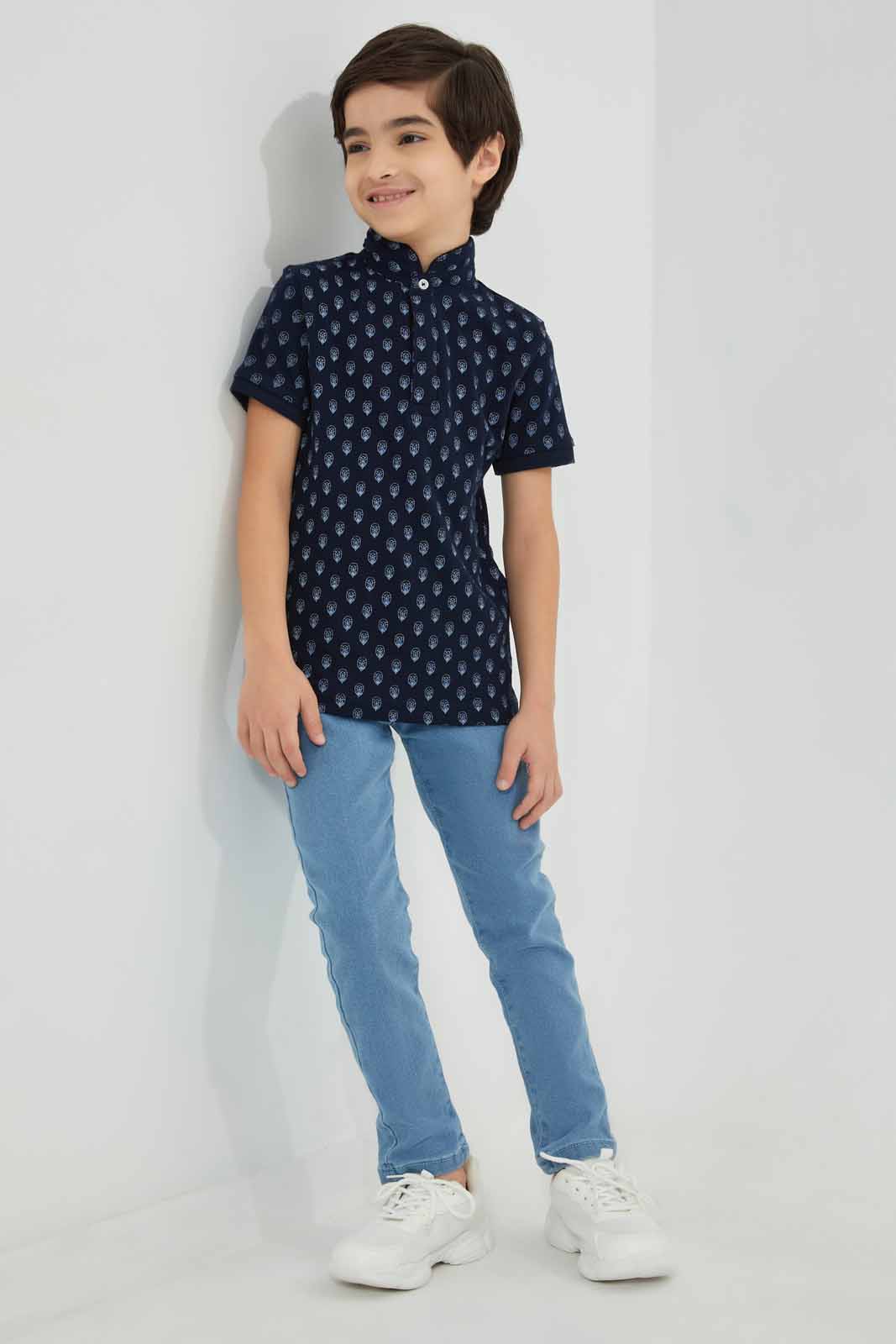 Redtag-Navy-AOP-Stand-Up-Collar-Polo-T-Shirt-BOY-Polo-T-Shirts,-Category:Polo-T-Shirts,-Colour:Navy,-Deals:New-In,-Filter:Boys-(2-to-8-Yrs),-New-In-BOY-APL,-Non-Sale,-Section:Boys-(0-to-14Yrs),-TBL,-W22A-Boys-2 to 8 Years