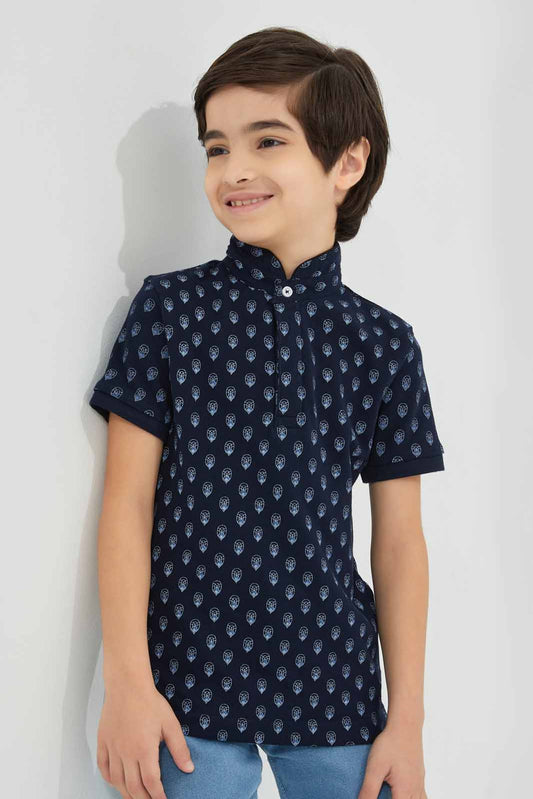 Redtag-Navy-AOP-Stand-Up-Collar-Polo-T-Shirt-BOY-Polo-T-Shirts,-Category:Polo-T-Shirts,-Colour:Navy,-Deals:New-In,-Filter:Boys-(2-to-8-Yrs),-New-In-BOY-APL,-Non-Sale,-Section:Boys-(0-to-14Yrs),-TBL,-W22A-Boys-2 to 8 Years