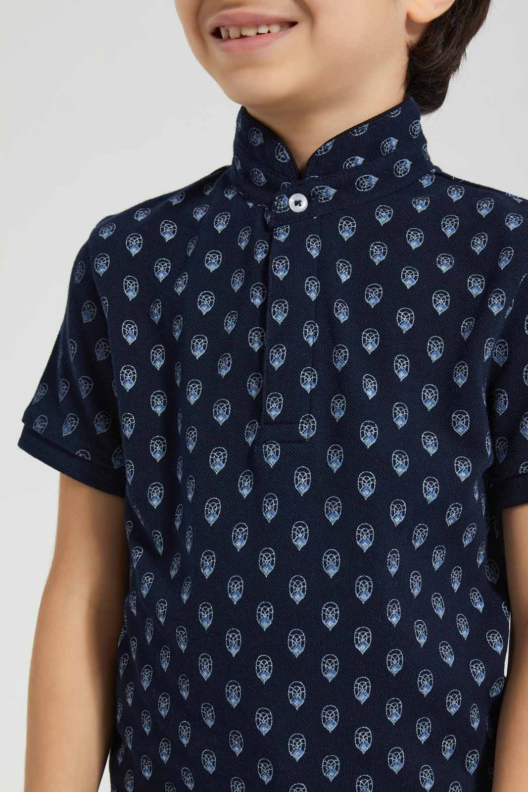 Redtag-Navy-AOP-Stand-Up-Collar-Polo-T-Shirt-BOY-Polo-T-Shirts,-Category:Polo-T-Shirts,-Colour:Navy,-Deals:New-In,-Filter:Boys-(2-to-8-Yrs),-New-In-BOY-APL,-Non-Sale,-Section:Boys-(0-to-14Yrs),-TBL,-W22A-Boys-2 to 8 Years