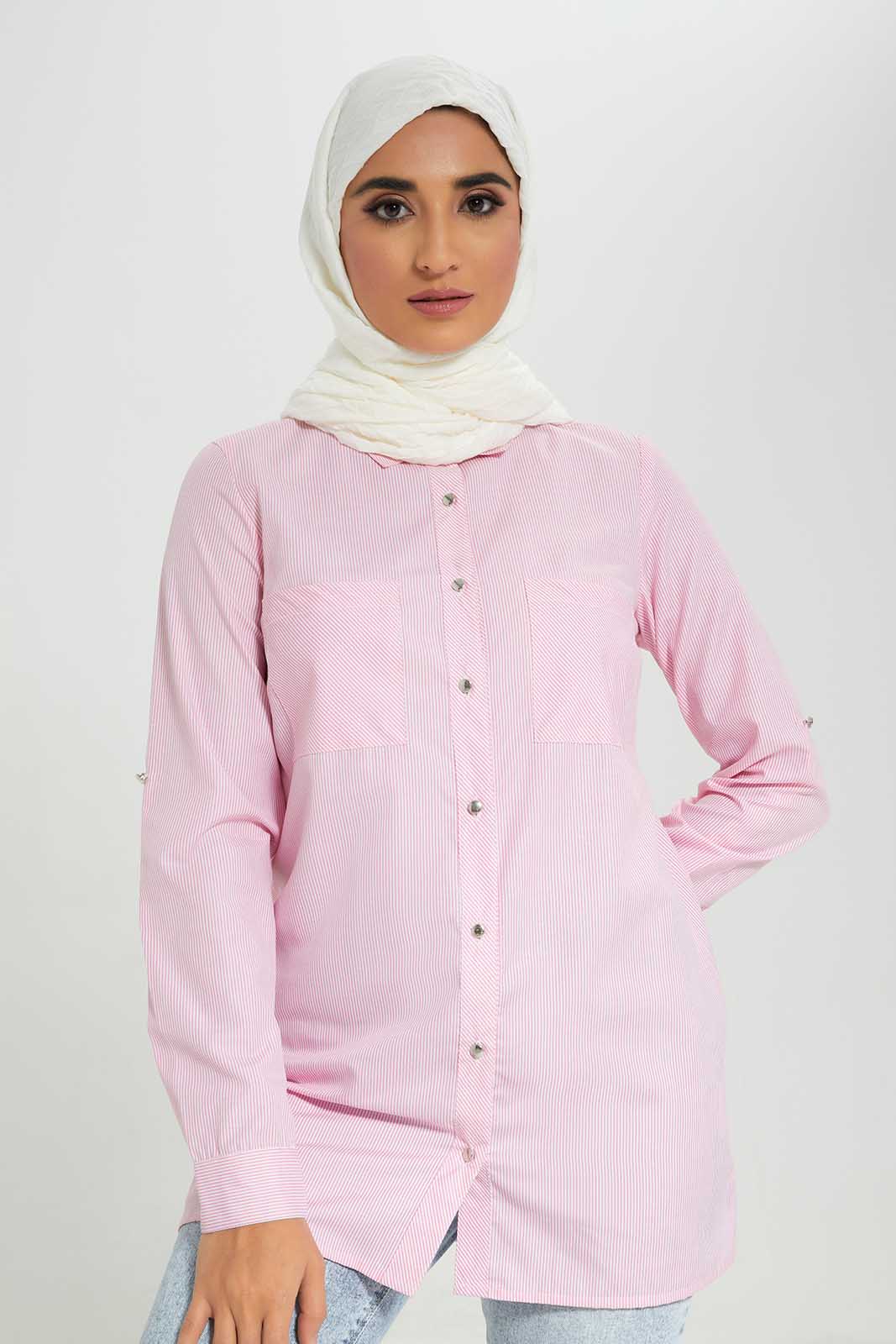 Redtag-Pink-Striped-Shirt-With-Contrast-Roll-Up-Sleeve-Tabs-Category:Blouses,-Colour:Apricot,-Deals:2-For-90,-Deals:New-In,-Filter:Women's-Clothing,-LMC,-MOD,-New-In-Women-APL,-Section:Women,-W22A,-Women-Blouses--