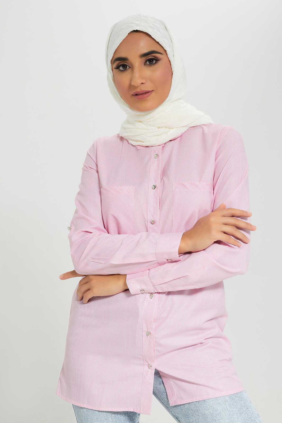 Redtag-Pink-Striped-Shirt-With-Contrast-Roll-Up-Sleeve-Tabs-Category:Blouses,-Colour:Apricot,-Deals:2-For-90,-Deals:New-In,-Filter:Women's-Clothing,-LMC,-MOD,-New-In-Women-APL,-Section:Women,-W22A,-Women-Blouses--