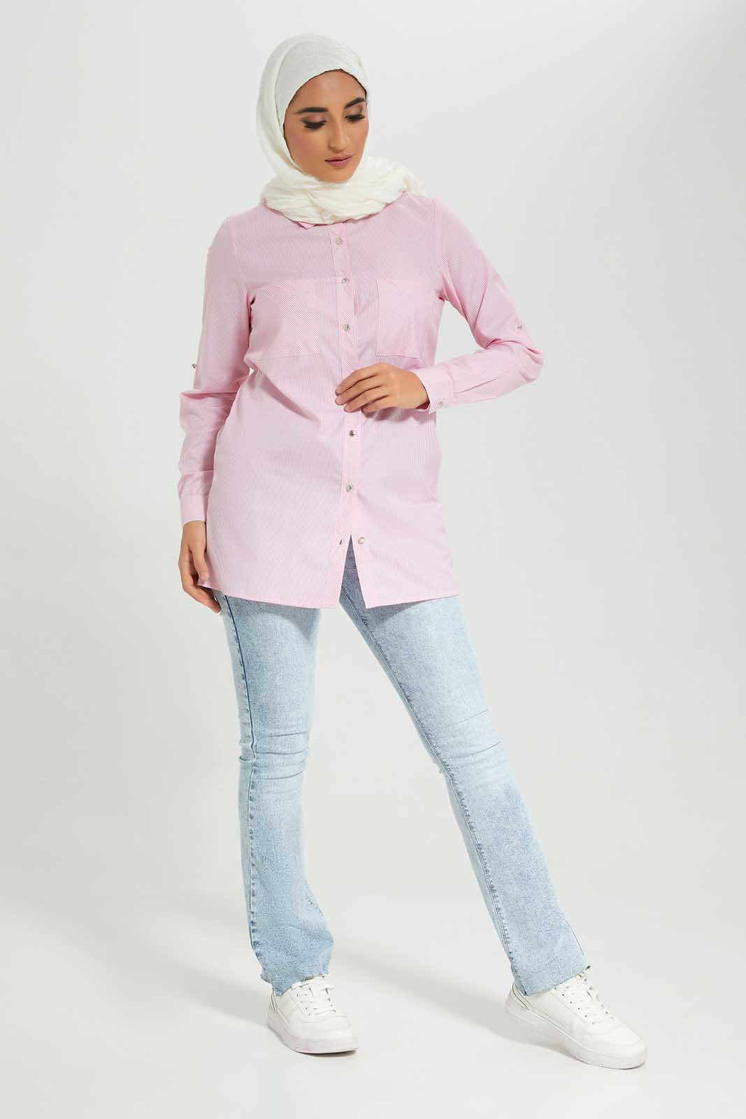 Redtag-Pink-Striped-Shirt-With-Contrast-Roll-Up-Sleeve-Tabs-Category:Blouses,-Colour:Apricot,-Deals:2-For-90,-Deals:New-In,-Filter:Women's-Clothing,-LMC,-MOD,-New-In-Women-APL,-Section:Women,-W22A,-Women-Blouses--
