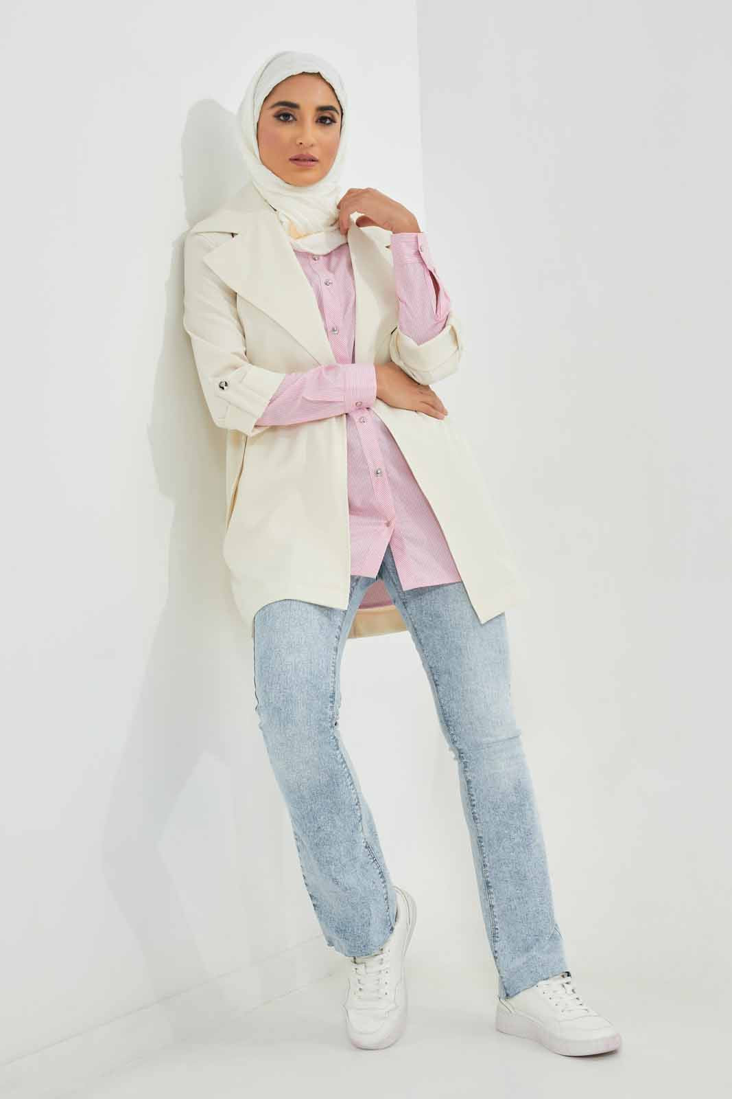 Redtag-Pink-Striped-Shirt-With-Contrast-Roll-Up-Sleeve-Tabs-Category:Blouses,-Colour:Apricot,-Deals:2-For-90,-Deals:New-In,-Filter:Women's-Clothing,-LMC,-MOD,-New-In-Women-APL,-Section:Women,-W22A,-Women-Blouses--