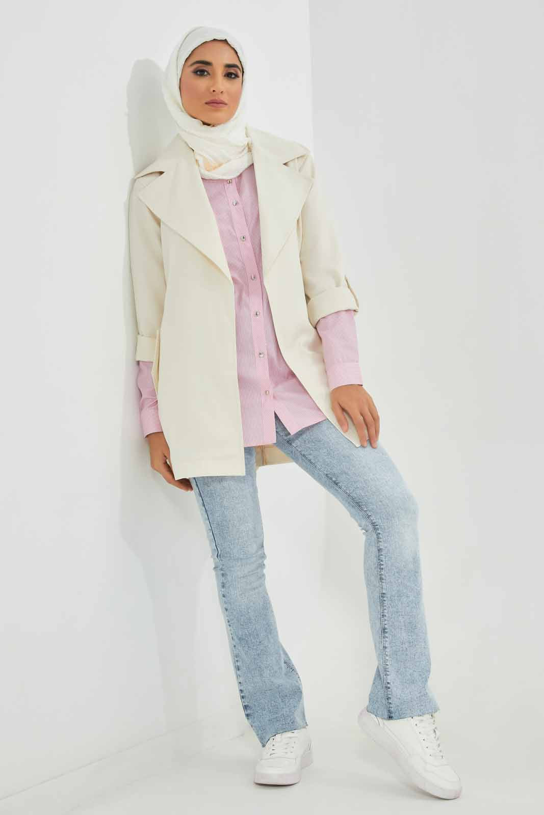 Redtag-Pink-Striped-Shirt-With-Contrast-Roll-Up-Sleeve-Tabs-Category:Blouses,-Colour:Apricot,-Deals:2-For-90,-Deals:New-In,-Filter:Women's-Clothing,-LMC,-MOD,-New-In-Women-APL,-Section:Women,-W22A,-Women-Blouses--