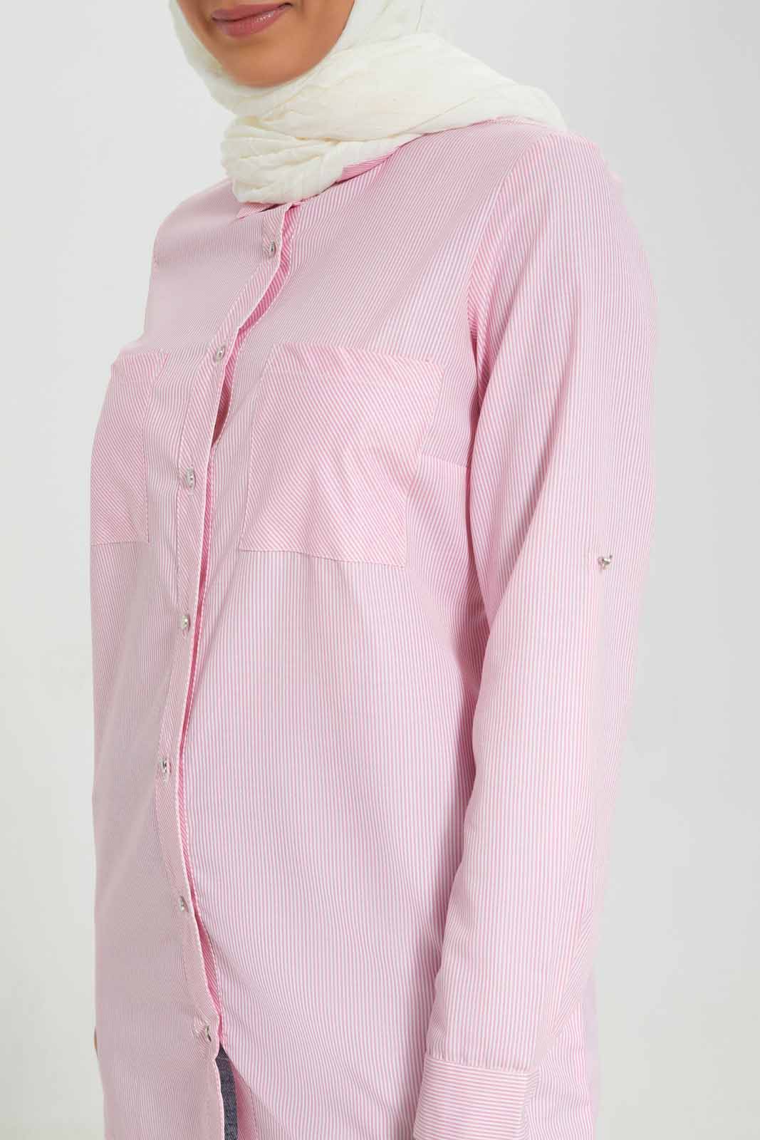 Redtag-Pink-Striped-Shirt-With-Contrast-Roll-Up-Sleeve-Tabs-Category:Blouses,-Colour:Apricot,-Deals:2-For-90,-Deals:New-In,-Filter:Women's-Clothing,-LMC,-MOD,-New-In-Women-APL,-Section:Women,-W22A,-Women-Blouses--