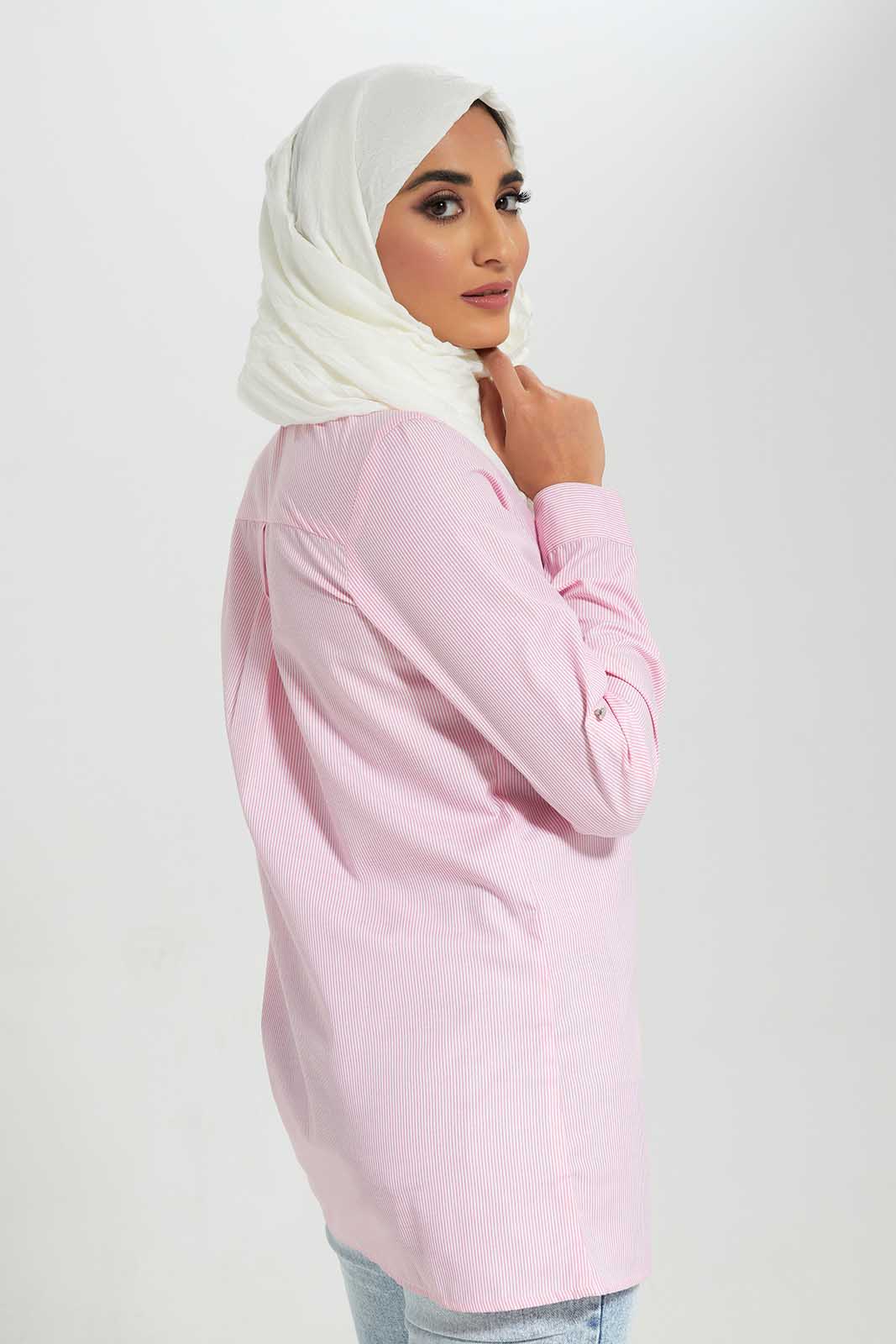 Redtag-Pink-Striped-Shirt-With-Contrast-Roll-Up-Sleeve-Tabs-Category:Blouses,-Colour:Apricot,-Deals:2-For-90,-Deals:New-In,-Filter:Women's-Clothing,-LMC,-MOD,-New-In-Women-APL,-Section:Women,-W22A,-Women-Blouses--