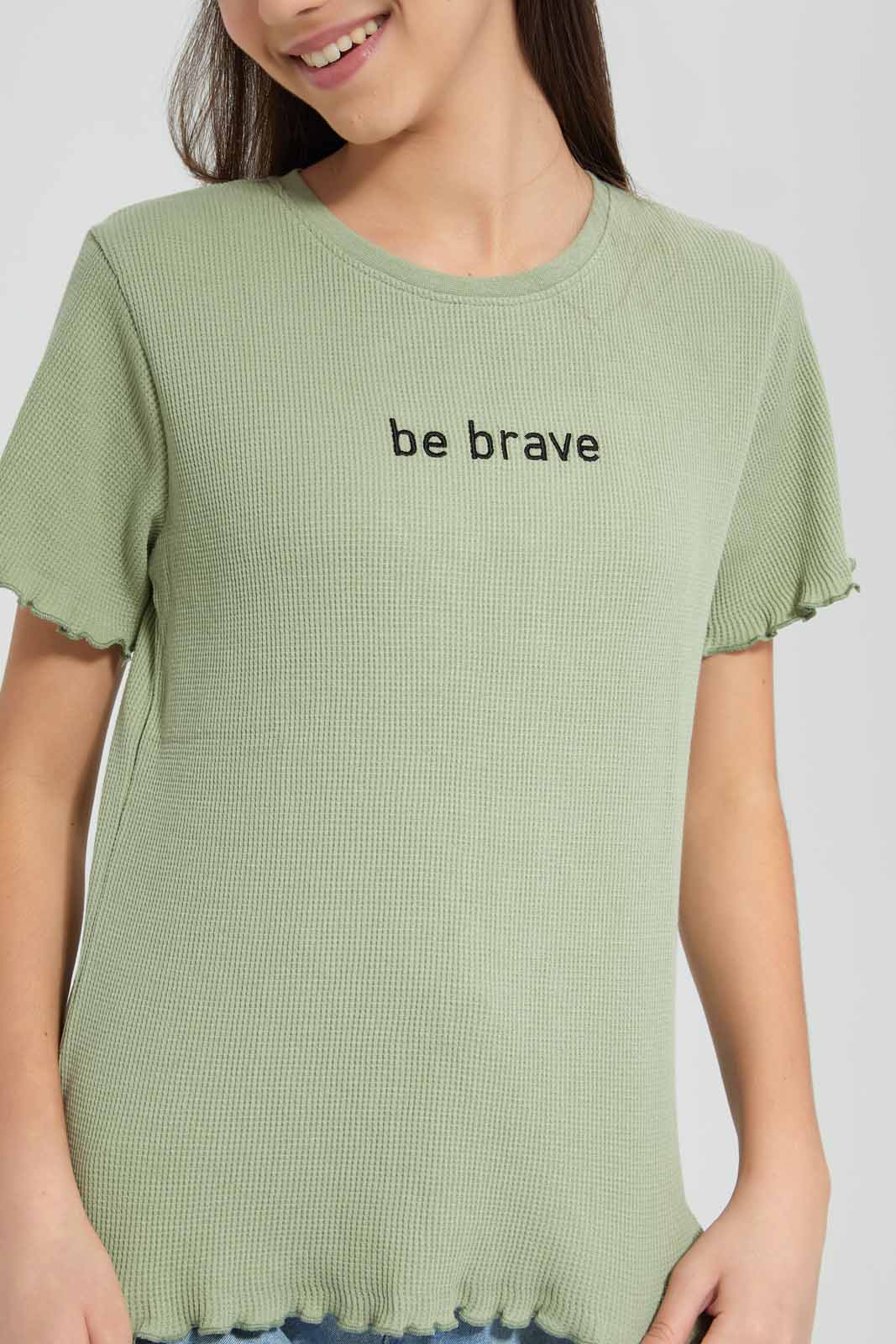 Redtag-Mint-Waffle-Embroidered-Top-Category:T-Shirts,-Colour:Mint,-Deals:New-In,-Filter:Senior-Girls-(9-to-14-Yrs),-GSR-T-Shirts,-New-In-GSR-APL,-Non-Sale,-Section:Girls-(0-to-14Yrs),-TBL,-W22O-Senior-Girls-9 to 14 Years