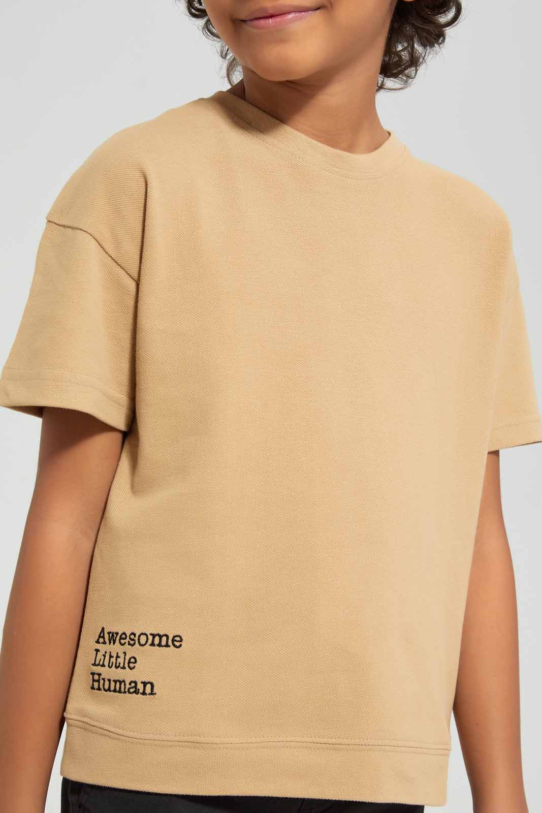 Redtag-Beige-Short-Sleeve-Pique-Over-Size-Embroidered-T-Shirt-BOY-T-Shirts,-Category:T-Shirts,-Colour:Beige,-Deals:New-In,-Filter:Boys-(2-to-8-Yrs),-New-In-BOY-APL,-Non-Sale,-Section:Boys-(0-to-14Yrs),-TBL,-W22A-Boys-2 to 8 Years