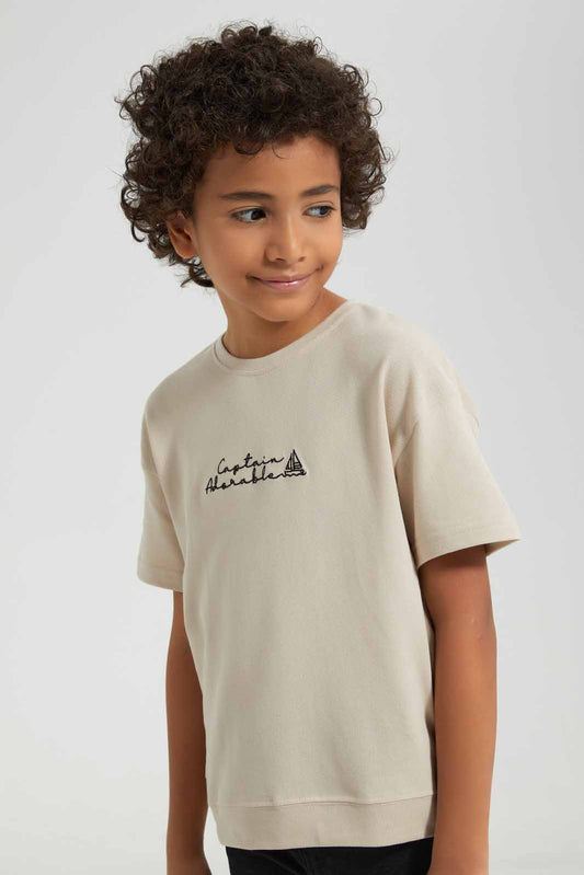 Redtag-Ecru-Short-Sleeve-Pique-Over-Size-Embroidered-T-Shirt-BOY-T-Shirts,-Category:T-Shirts,-Colour:Ecru,-Deals:New-In,-Filter:Boys-(2-to-8-Yrs),-New-In-BOY-APL,-Non-Sale,-Section:Boys-(0-to-14Yrs),-TBL,-W22A-Boys-2 to 8 Years