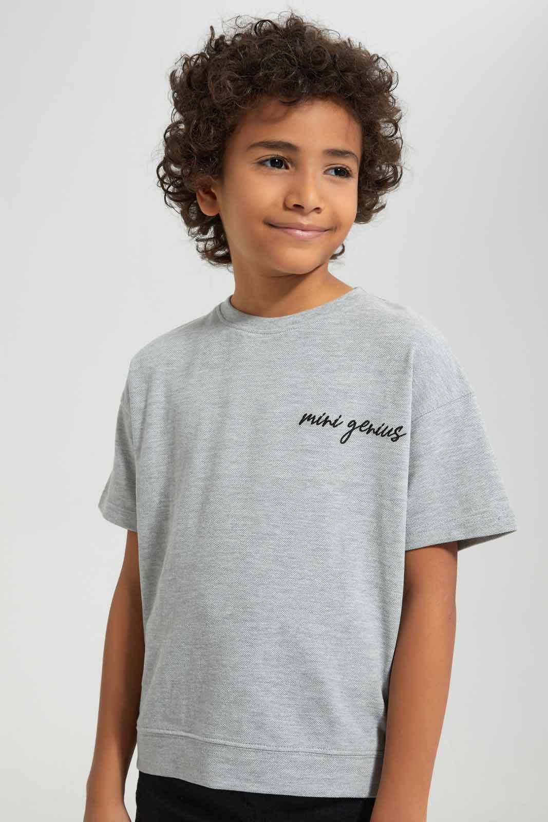 Redtag-Grey-Short-Sleeve-Pique-Over-Size-Embroidered-T-Shirt-BOY-T-Shirts,-Category:T-Shirts,-Colour:Grey,-Deals:New-In,-Filter:Boys-(2-to-8-Yrs),-New-In-BOY-APL,-Non-Sale,-Section:Boys-(0-to-14Yrs),-TBL,-W22A-Boys-2 to 8 Years