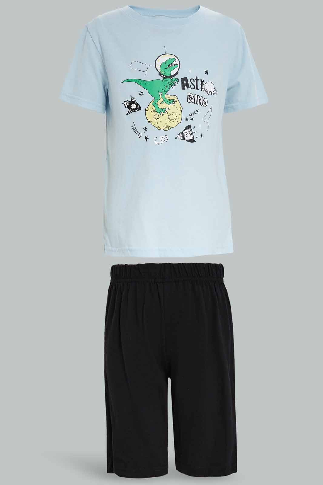Redtag-Blue-Short-Sleeve-Dino-Print-Tee-And-Shorts-Set-2FOR49,-BOY-Pyjama-Sets,-Category:Pyjama-Sets,-Colour:Blue,-Deals:2-FOR-49,-Deals:New-In,-Dept:Boys,-Filter:Boys-(2-to-8-Yrs),-New-In-BOY-APL,-Non-Sale,-Section:Boys-(0-to-14Yrs),-VLM,-W22O-Boys-2 to 8 Years