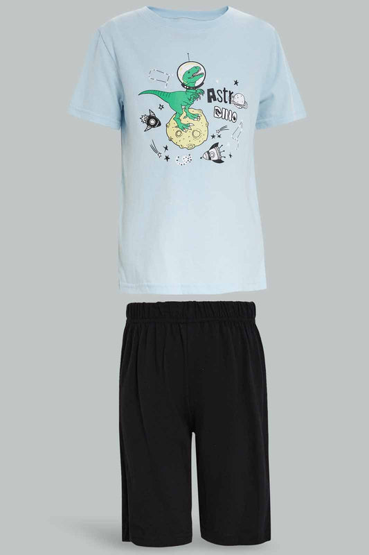 Redtag-Blue-Short-Sleeve-Dino-Print-Tee-And-Shorts-Set-2FOR49,-BOY-Pyjama-Sets,-Category:Pyjama-Sets,-Colour:Blue,-Deals:2-FOR-49,-Deals:New-In,-Dept:Boys,-Filter:Boys-(2-to-8-Yrs),-New-In-BOY-APL,-Non-Sale,-Section:Boys-(0-to-14Yrs),-VLM,-W22O-Boys-2 to 8 Years