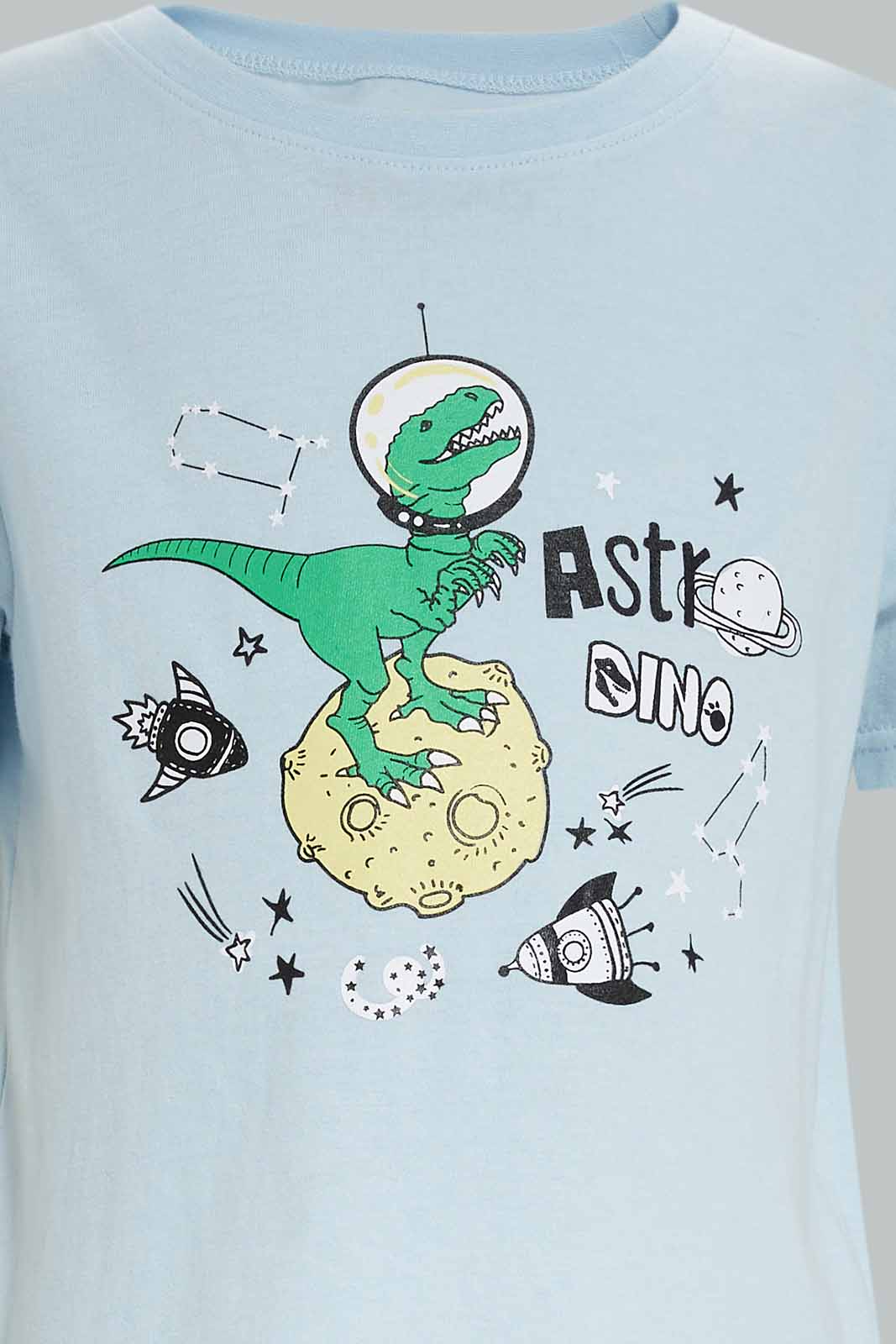 Redtag-Blue-Short-Sleeve-Dino-Print-Tee-And-Shorts-Set-2FOR49,-BOY-Pyjama-Sets,-Category:Pyjama-Sets,-Colour:Blue,-Deals:2-FOR-49,-Deals:New-In,-Dept:Boys,-Filter:Boys-(2-to-8-Yrs),-New-In-BOY-APL,-Non-Sale,-Section:Boys-(0-to-14Yrs),-VLM,-W22O-Boys-2 to 8 Years
