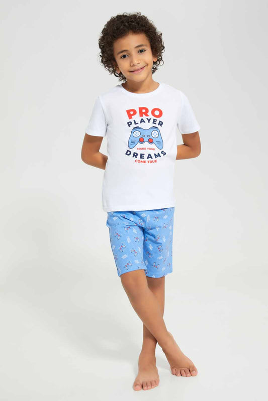 Redtag-White-Game-Print-Tee-And-White-Shorts-Set-BOY-Pyjama-Sets,-Category:Pyjama-Sets,-Colour:White,-Deals:New-In,-Filter:Boys-(2-to-8-Yrs),-New-In-BOY-APL,-Non-Sale,-Section:Boys-(0-to-14Yrs),-VLM,-W22O-Boys-2 to 8 Years