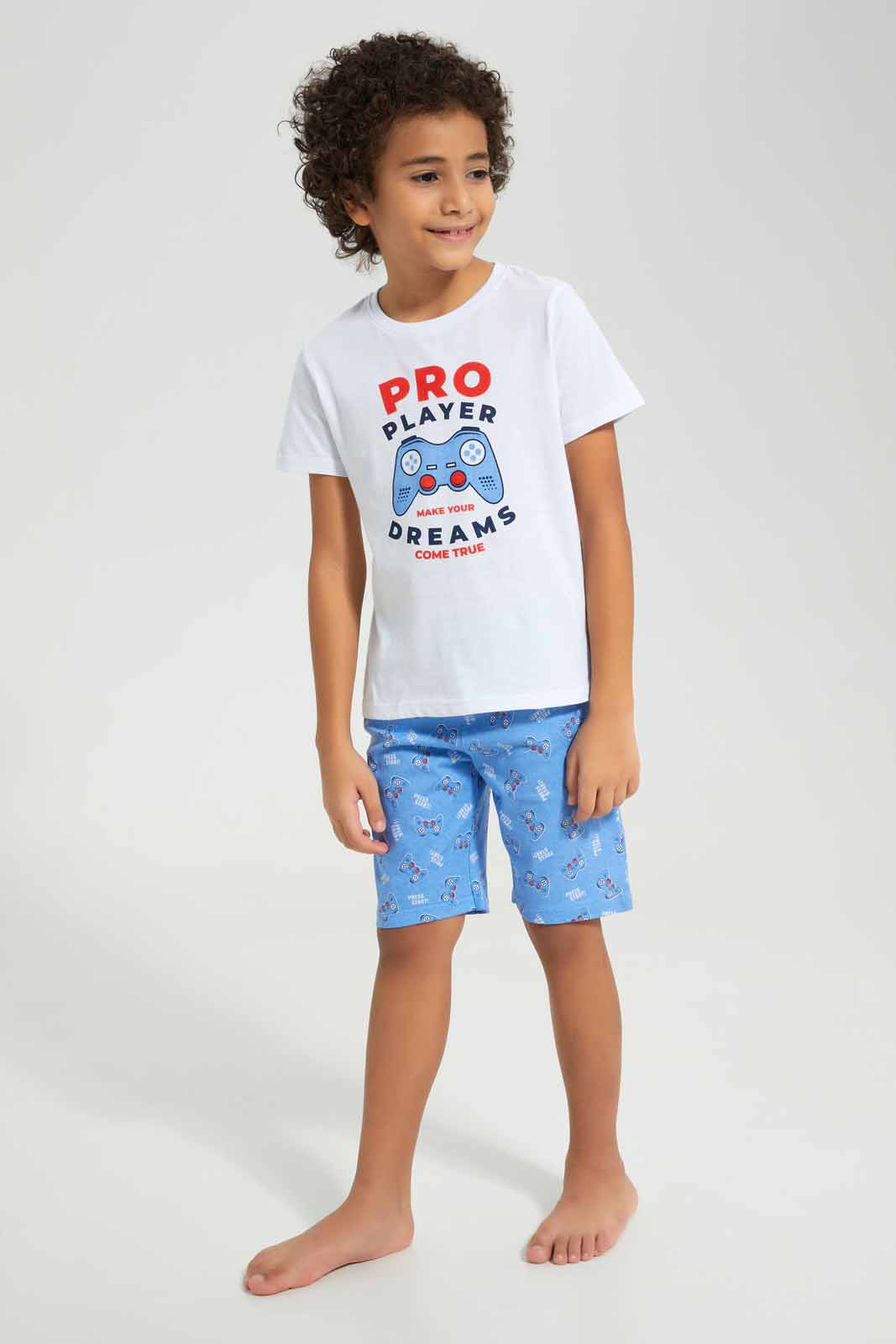 Redtag-White-Game-Print-Tee-And-White-Shorts-Set-BOY-Pyjama-Sets,-Category:Pyjama-Sets,-Colour:White,-Deals:New-In,-Filter:Boys-(2-to-8-Yrs),-New-In-BOY-APL,-Non-Sale,-Section:Boys-(0-to-14Yrs),-VLM,-W22O-Boys-2 to 8 Years