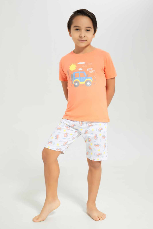 Redtag-Orange-Car-Print-Tee-And-Shorts-Set-2FOR49,-BOY-Pyjama-Sets,-Category:Pyjama-Sets,-Colour:Orange,-Deals:2-FOR-49,-Deals:New-In,-Dept:Boys,-Filter:Boys-(2-to-8-Yrs),-New-In-BOY-APL,-Non-Sale,-Section:Boys-(0-to-14Yrs),-VLM,-W22O-Boys-2 to 8 Years
