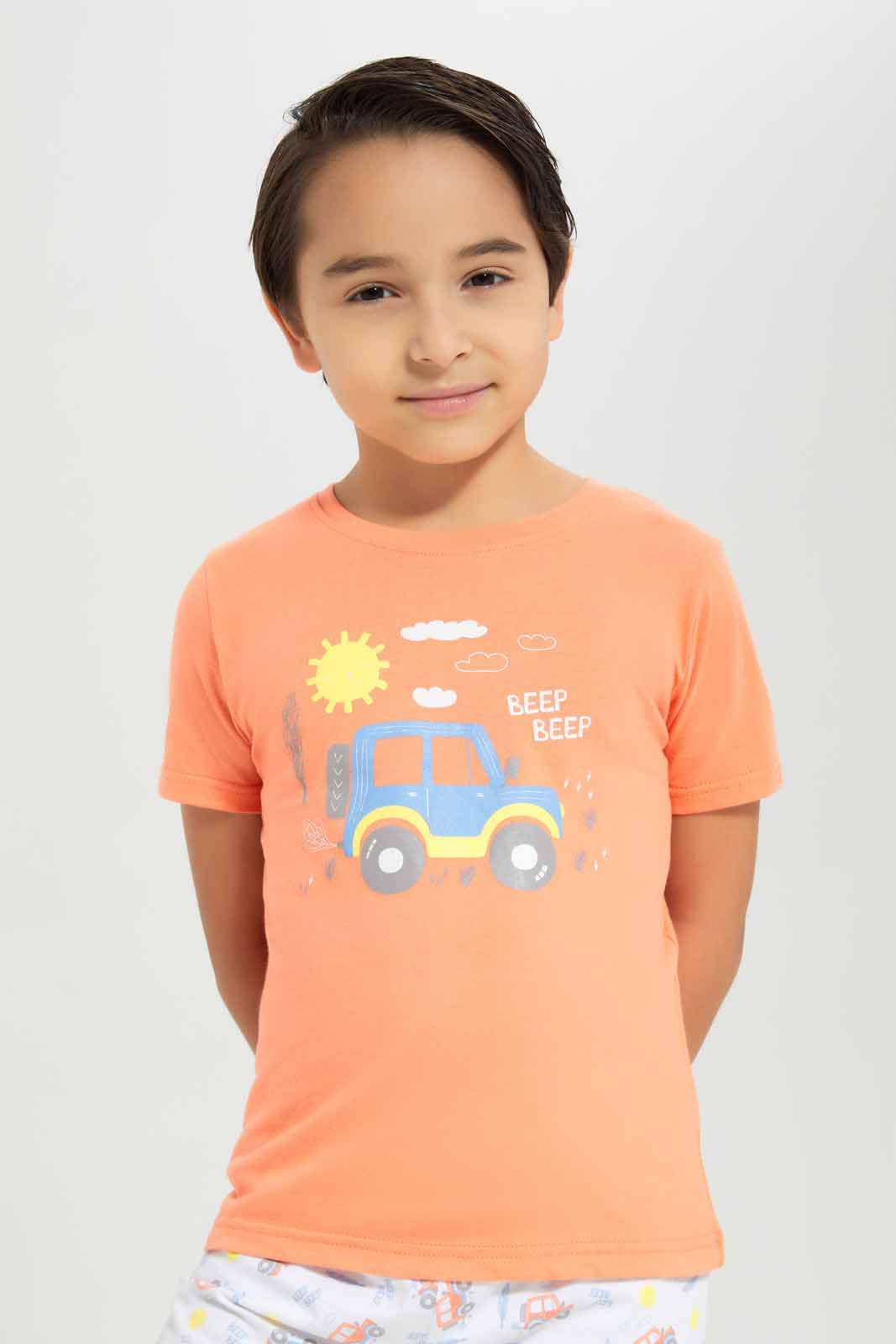 Redtag-Orange-Car-Print-Tee-And-Shorts-Set-2FOR49,-BOY-Pyjama-Sets,-Category:Pyjama-Sets,-Colour:Orange,-Deals:2-FOR-49,-Deals:New-In,-Dept:Boys,-Filter:Boys-(2-to-8-Yrs),-New-In-BOY-APL,-Non-Sale,-Section:Boys-(0-to-14Yrs),-VLM,-W22O-Boys-2 to 8 Years